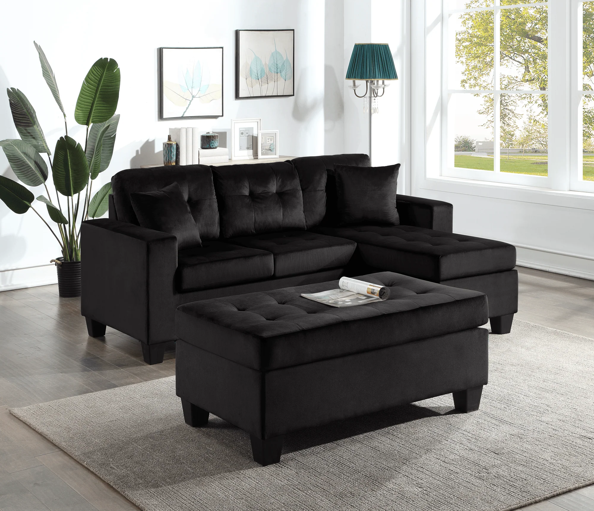 Naomi Black Sturdy Velvet Tufted Reversible Sectional Ottoman Set - Image 1