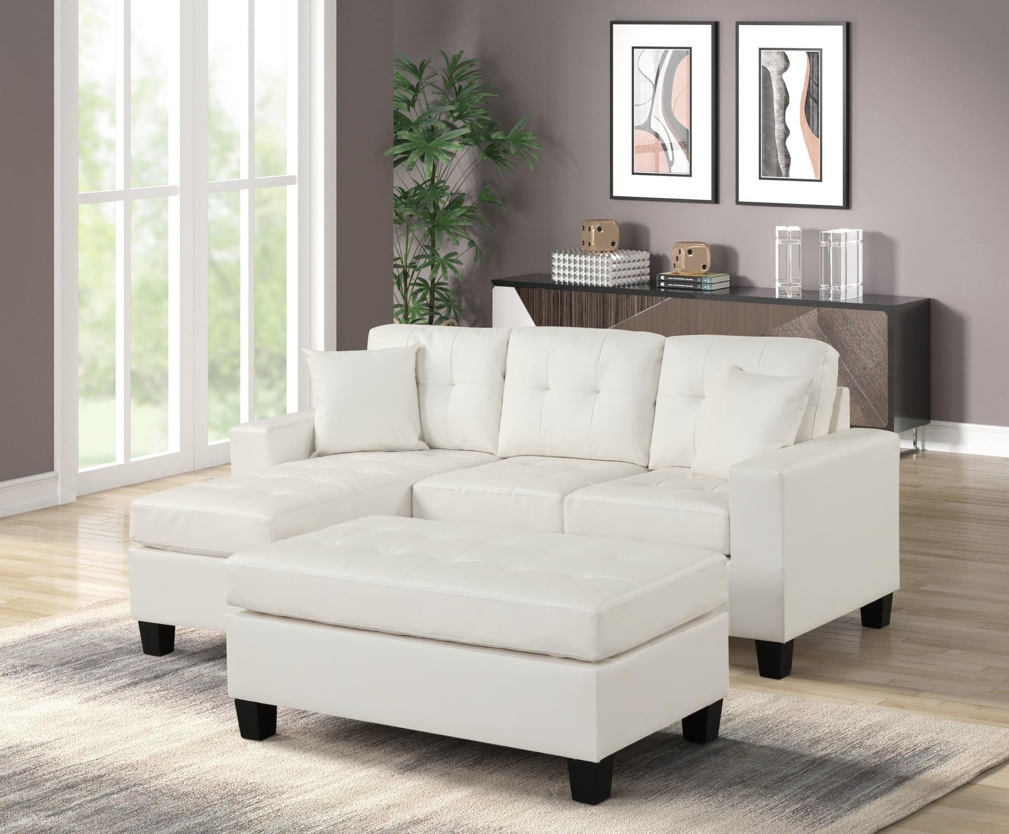 Naomi White PU Sturdy Faux Leather Tufted Reversible Sectional Ottoman - Image 1