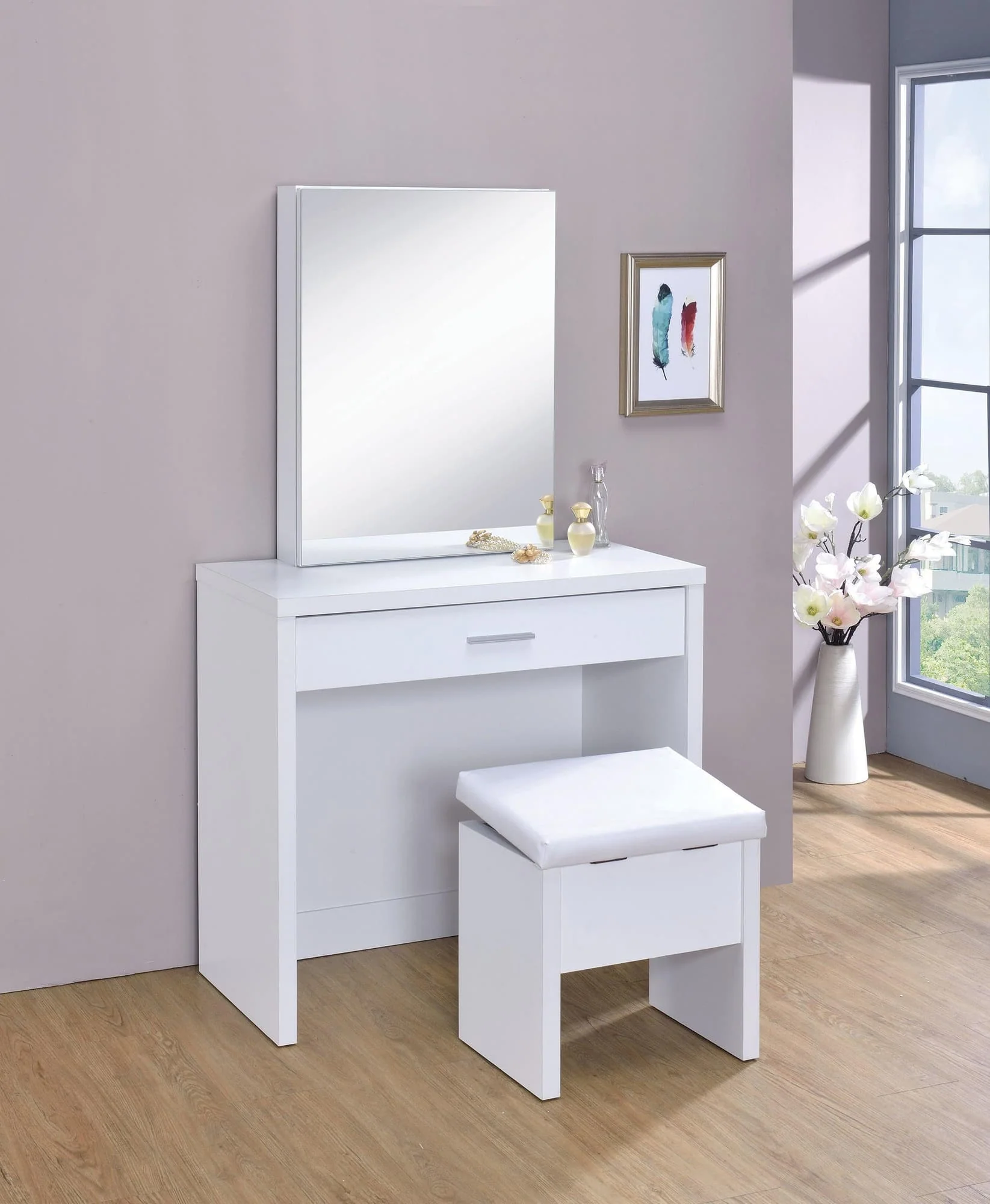 Harvey 2-Piece Vanity Set With Lift top Stool White
