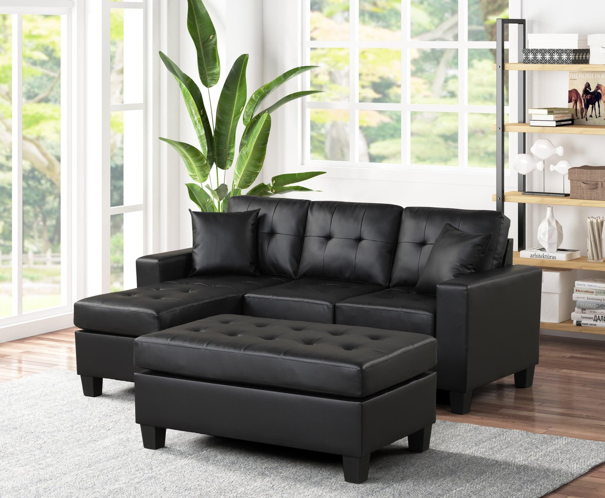 Naomi Black PU Sturdy Faux Leather Tufted Reversible Sectional Ottoman - Image 1