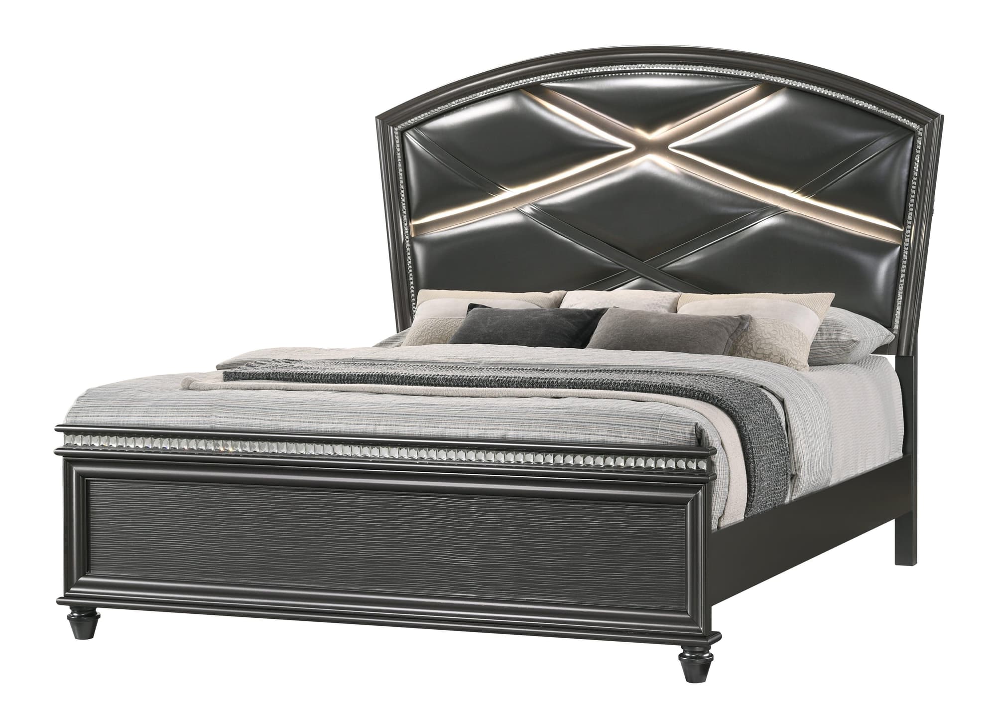 Adira Gray LED Faux Leather Upholstered Panel King Bed