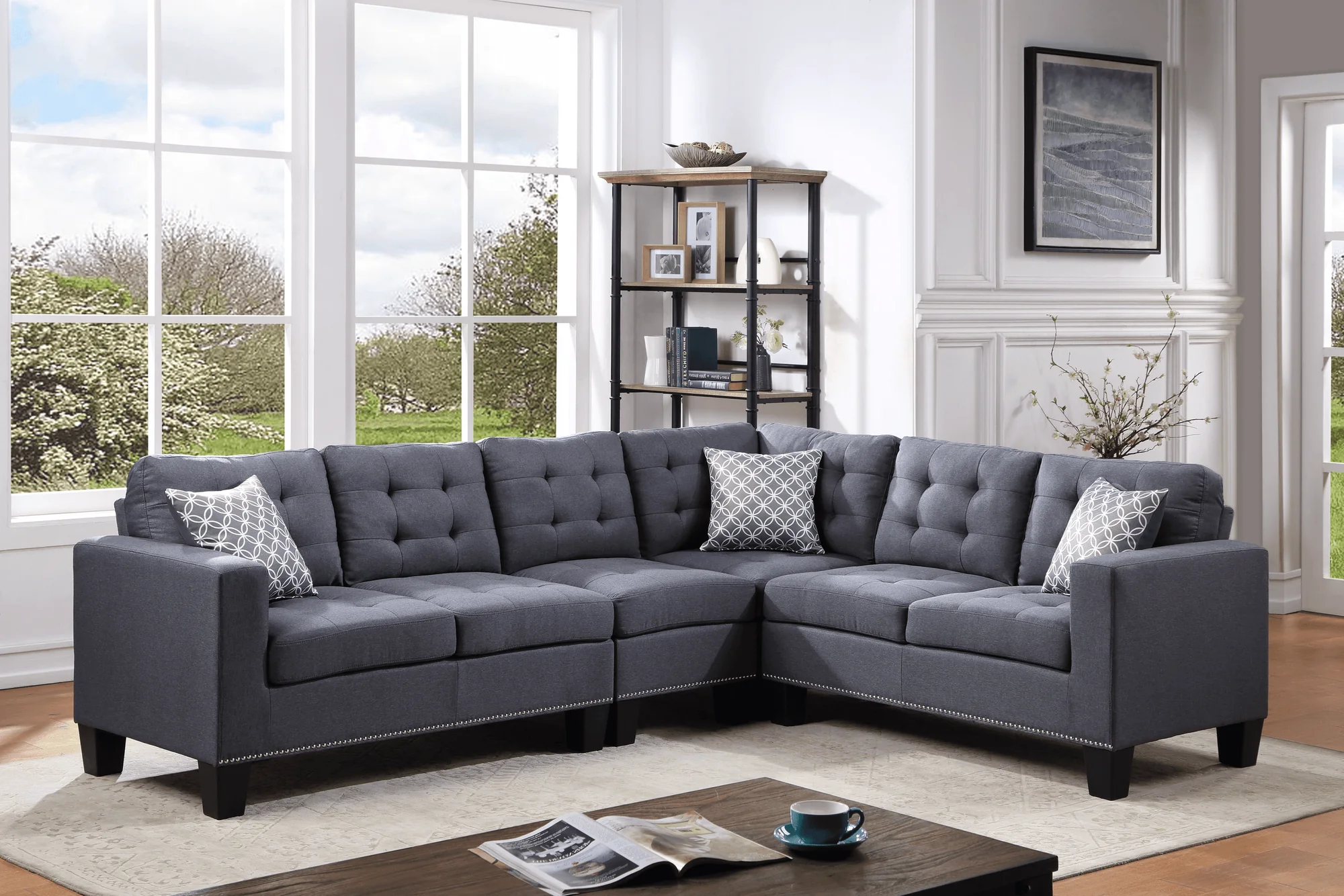 Logan Gray Fabric Tufted Upholstered Sectional - Image 1