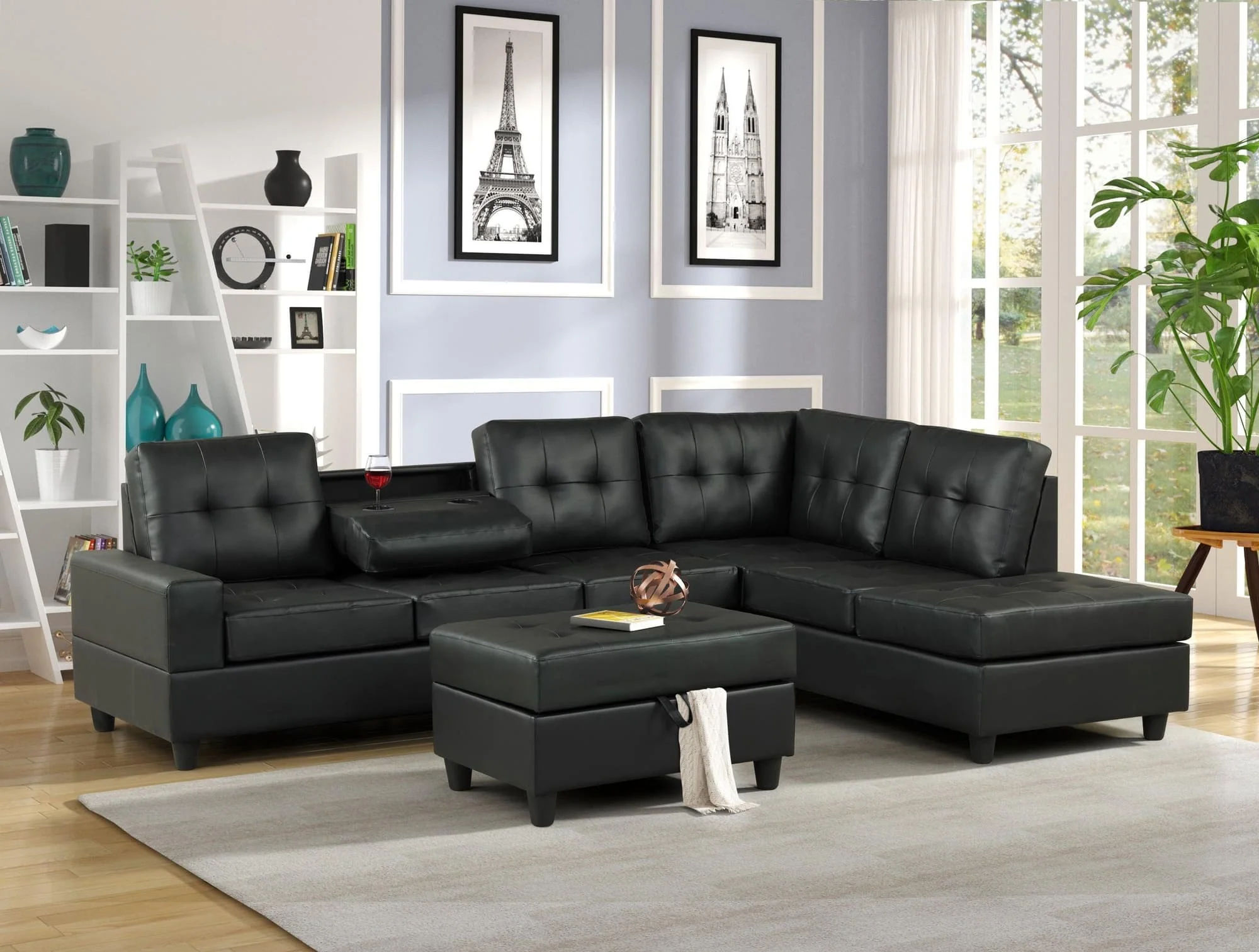 Heights Black Faux Leather Tufted Reversible Sectional + Ottoman Set - Image 1