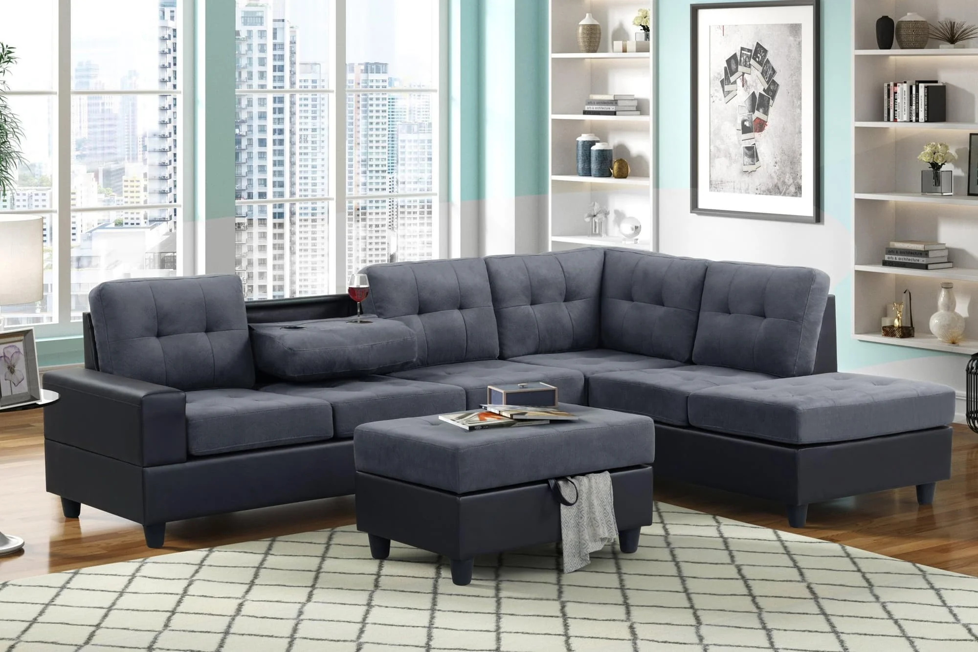 Pu8-heights Gray Velvet Tufted Reversible Sectional + Storage Ottoman Set - Image 1