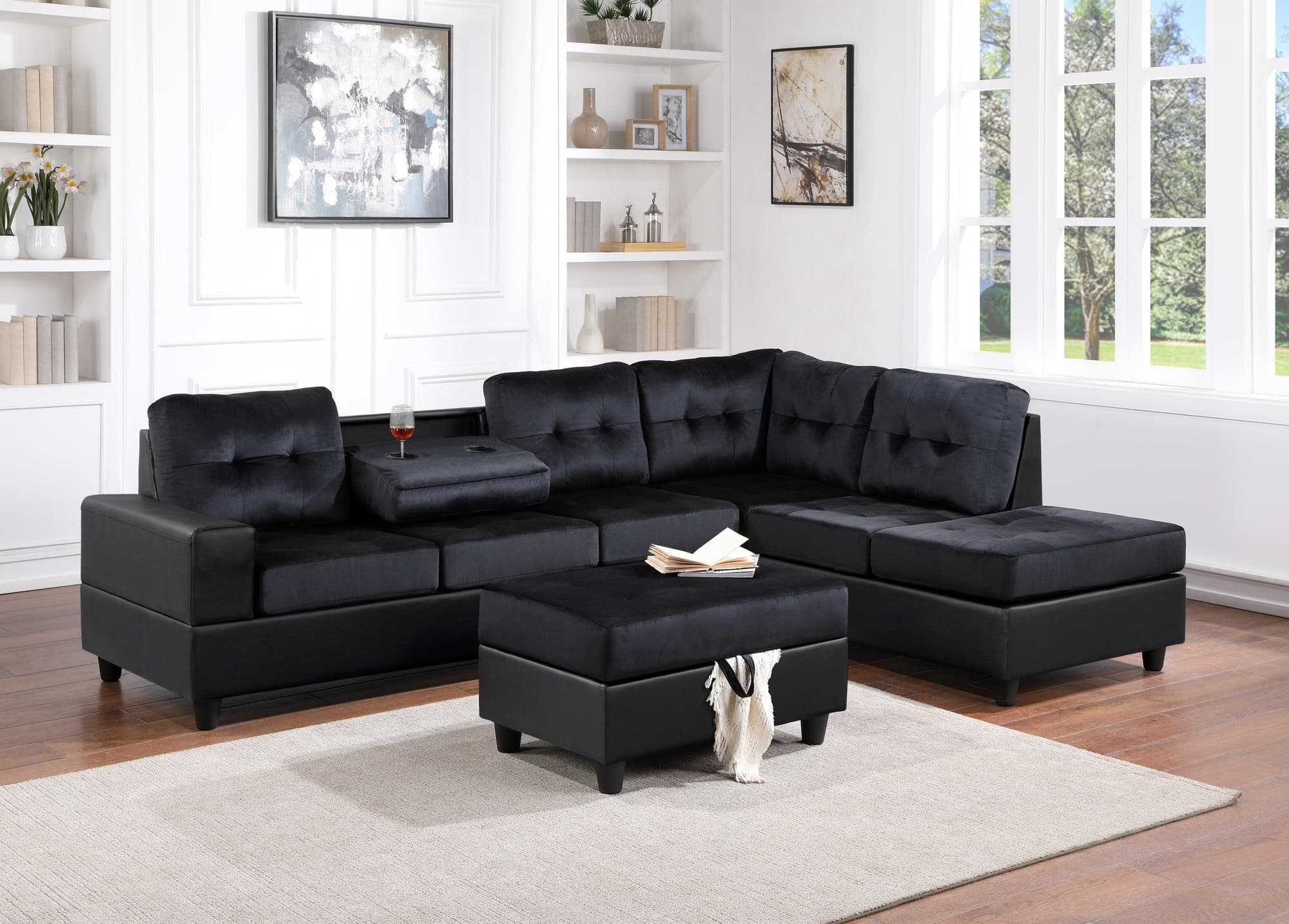 Pu9-heights Black Velvet Tufted Reversible Sectional + Ottoman Set - Image 1
