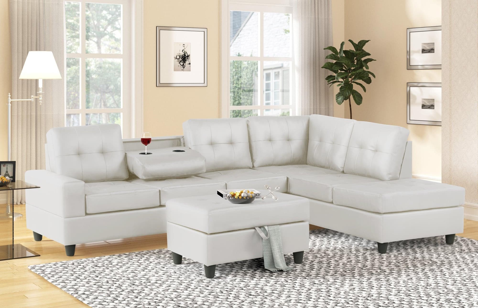 Heights White Faux Leather Tufted Reversible Sectional + Storage Ottoman Set - Image 1