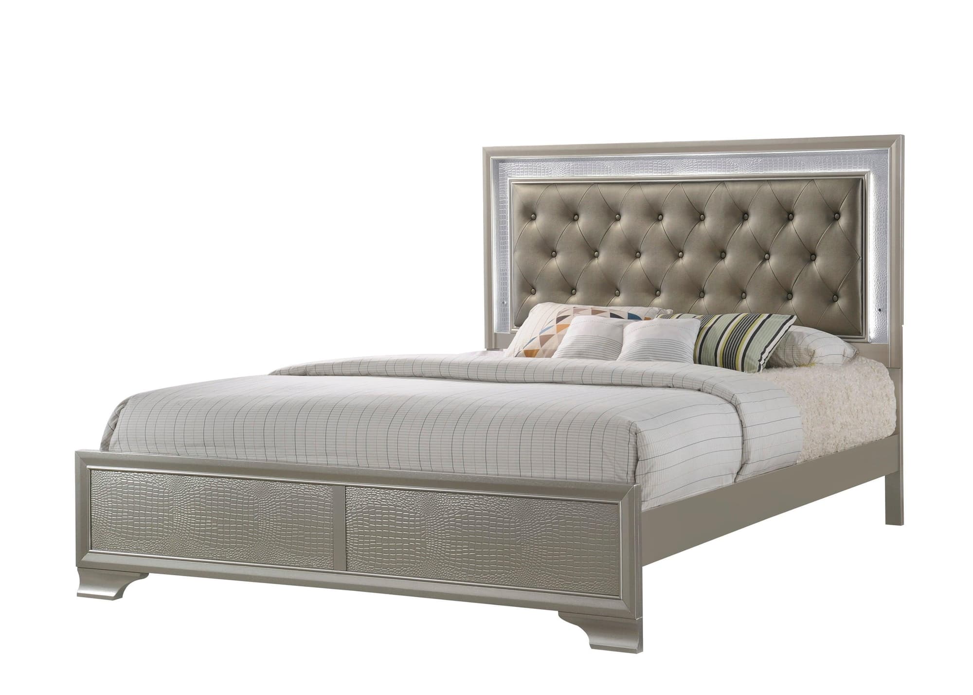 Lyssa Champagne LED Upholstered Tufted Panel King Bed - Image 1