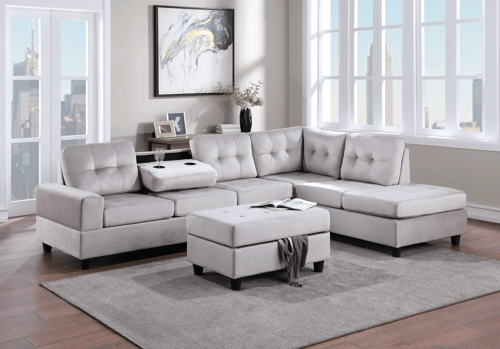 Heights Silver Velvet Tufted Reversible Sectional + Storage Ottoman Set - Image 1