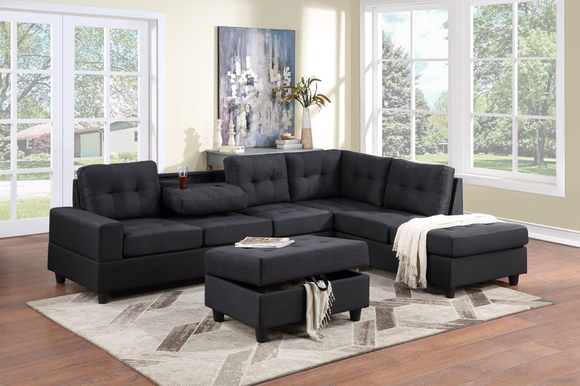Heights Black Velvet Tufted Reversible Sectional + Storage Ottoman Set - Image 1