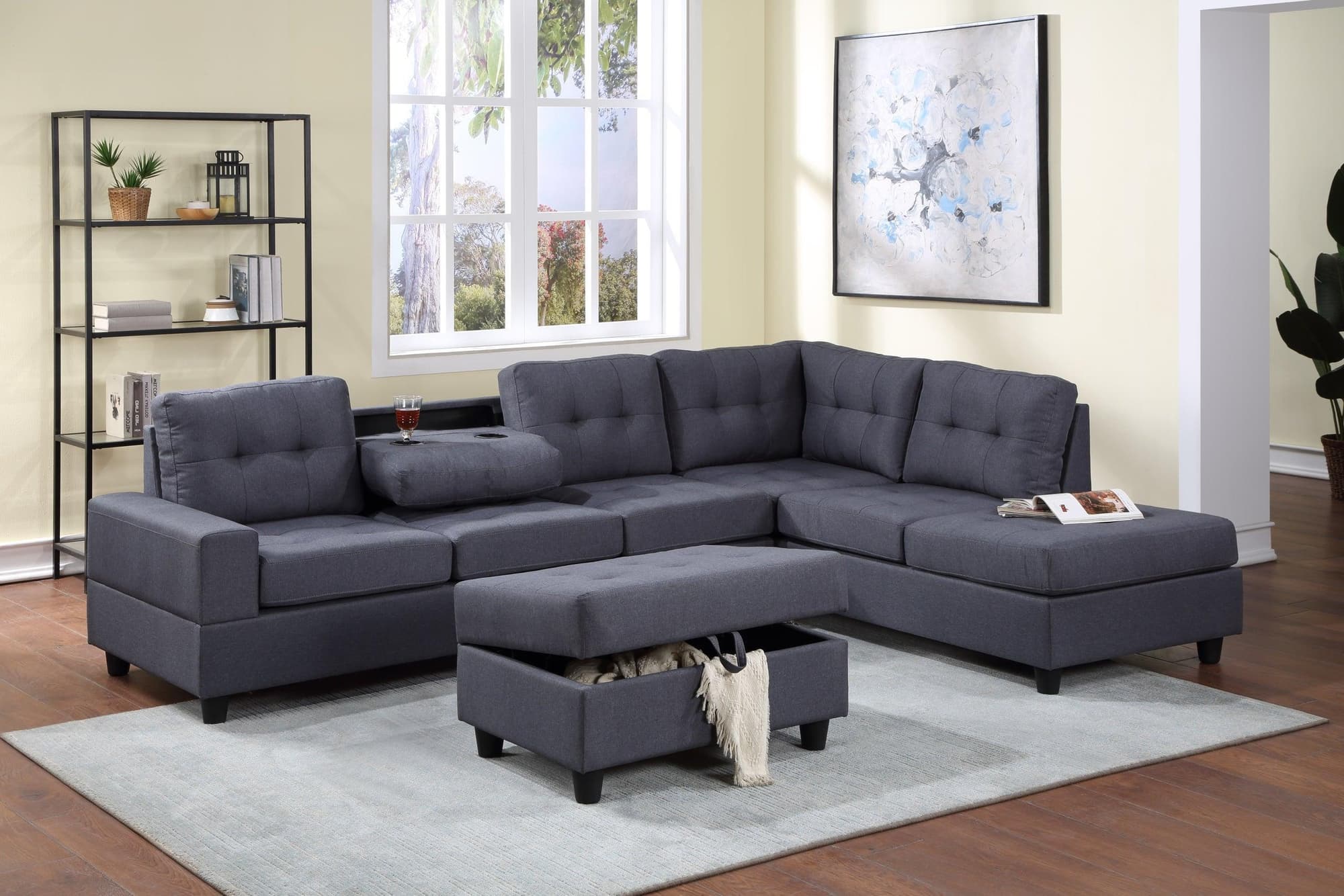 Heights Gray Fabric Tufted Reversible Sectional + Ottoman Set - Image 1