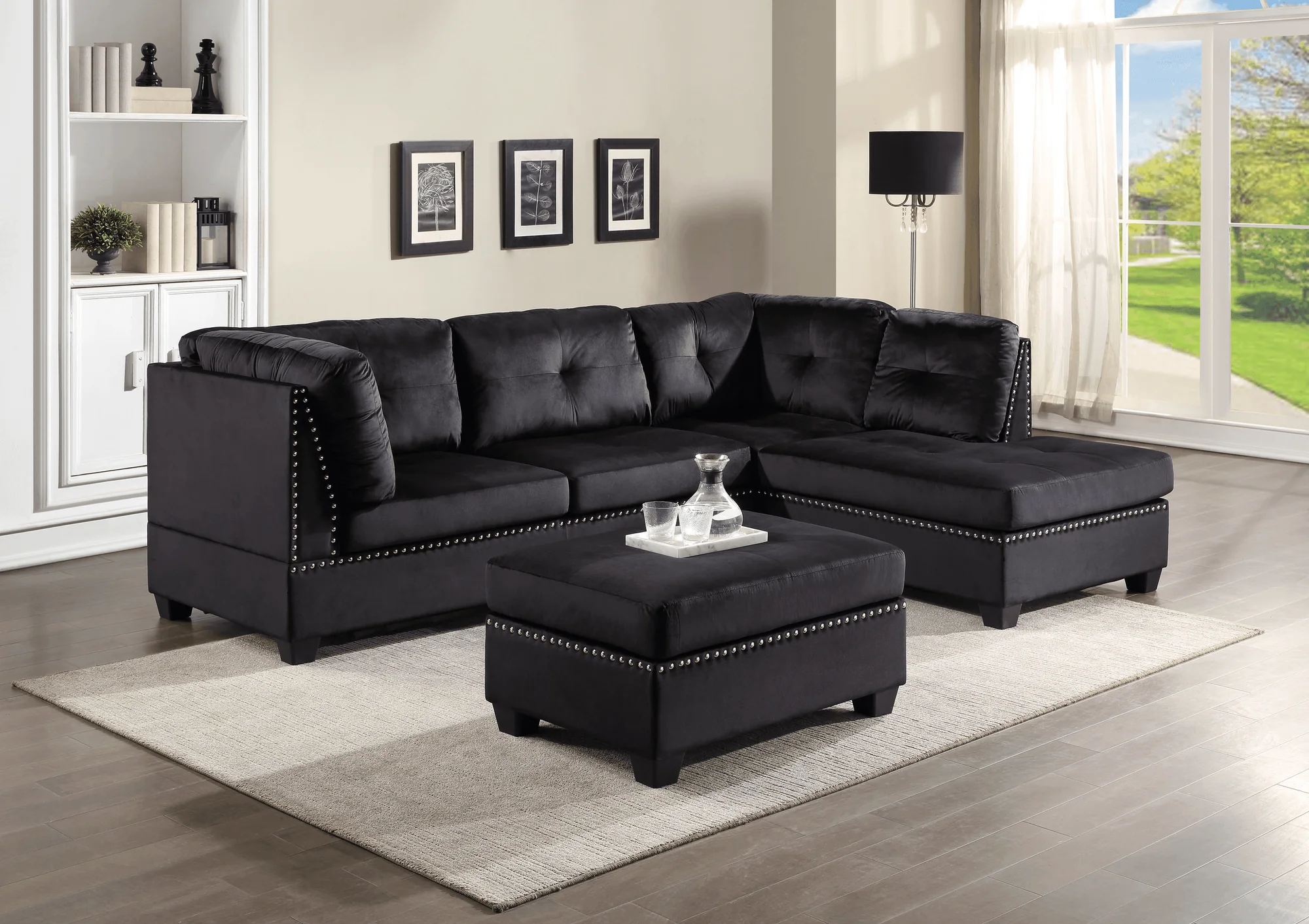 Sienna Black Velvet Tufted Sectional + Ottoman Set - Image 1