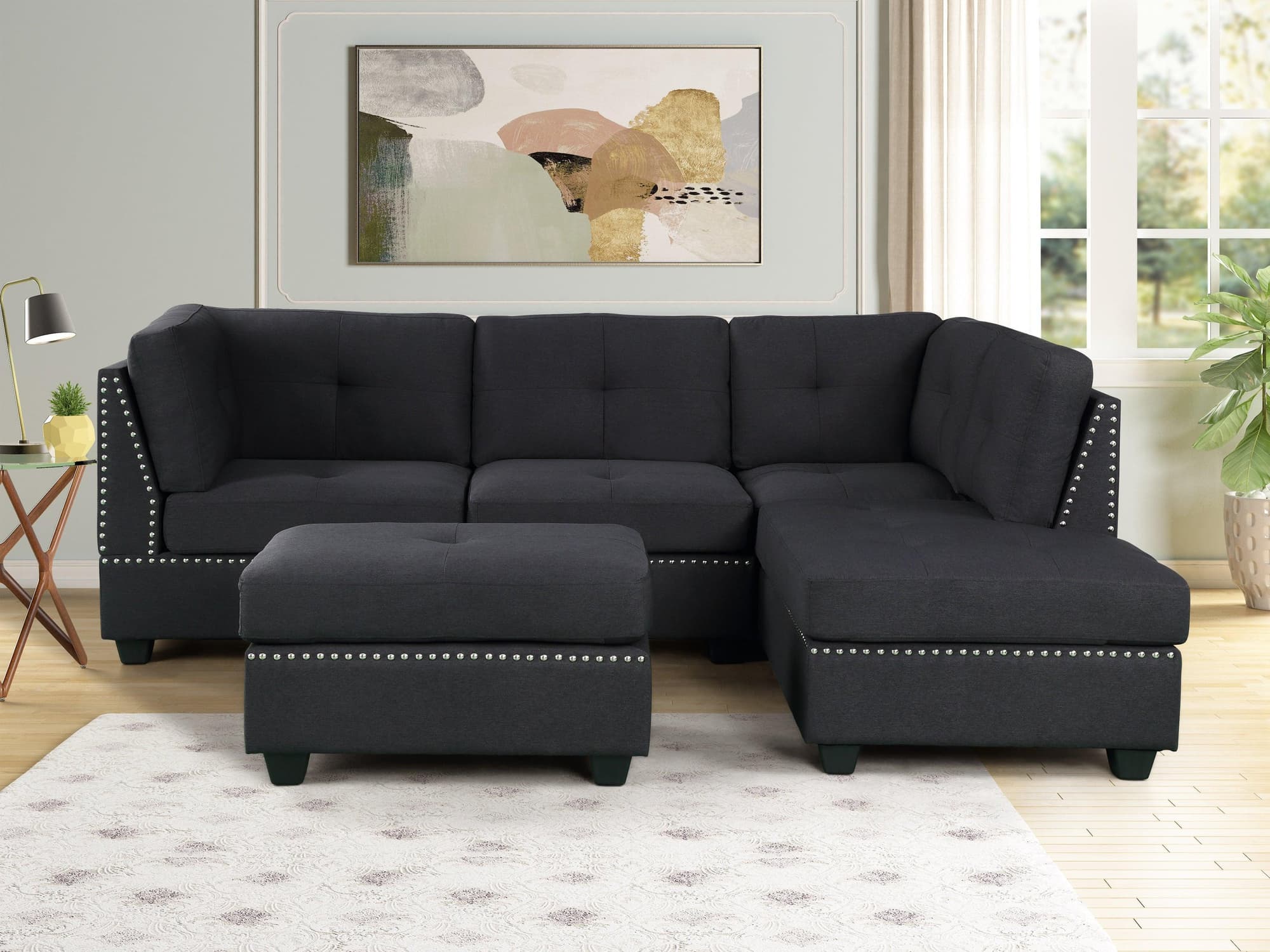 Sienna Black Fabric Tufted Sectional + Ottoman Set - Image 1