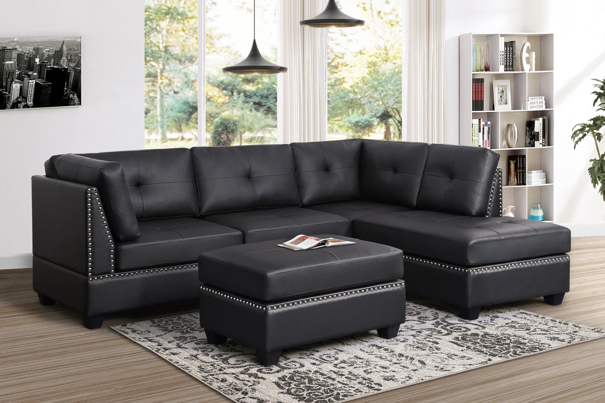 Sienna Black Vinyl Tufted Sectional + Ottoman Set - Image 1