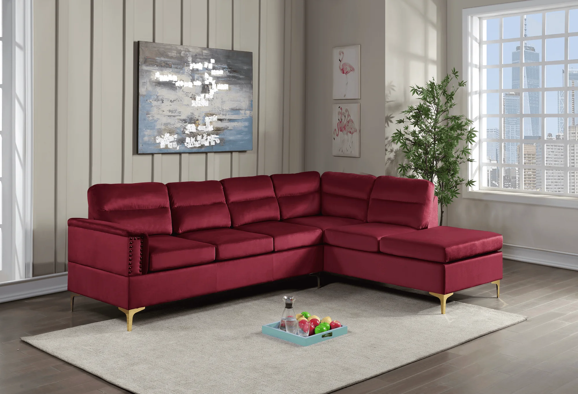 Vogue Red Velvet Gold Legs Sectional - Image 1