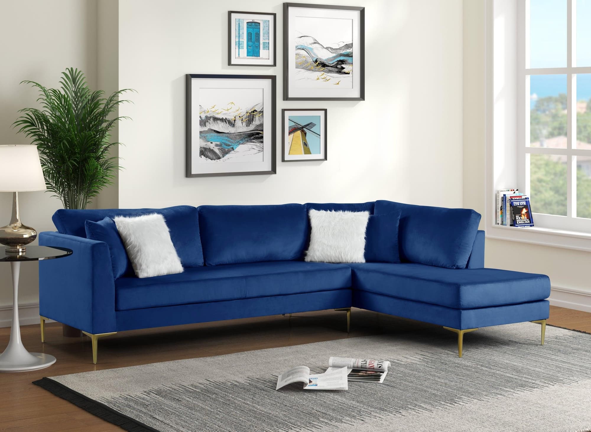 Catalina Blue Velvet Gold Legs Sectional - Image 1