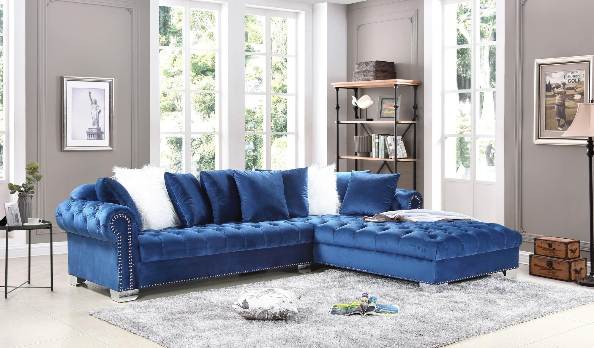 London Blue Legs Velvet Tufted Sectional Oversize - Image 1