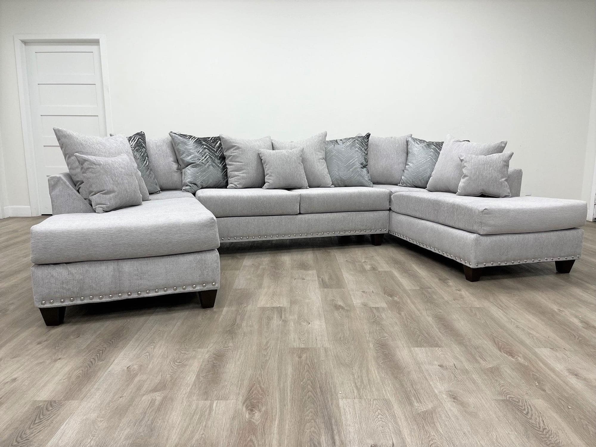 Dove Nailheads Silver Legs Velvet Fabric Upholstered Sectional - Image 1