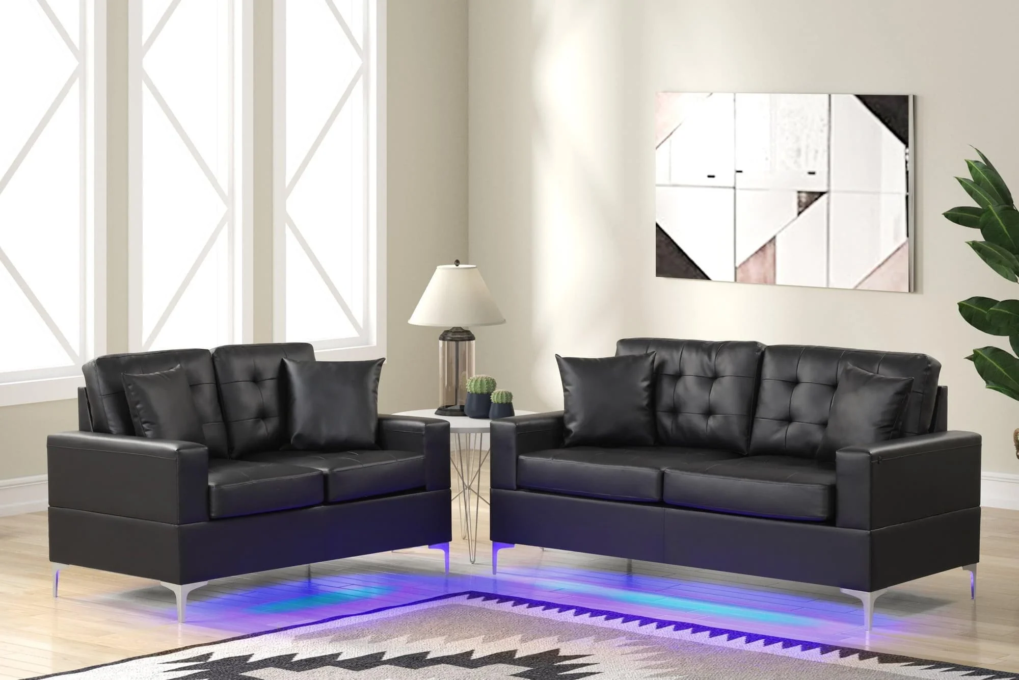 Miami Black Faux Leather PU Tufted 2-Piece Living Room Set LED Lights - Image 1