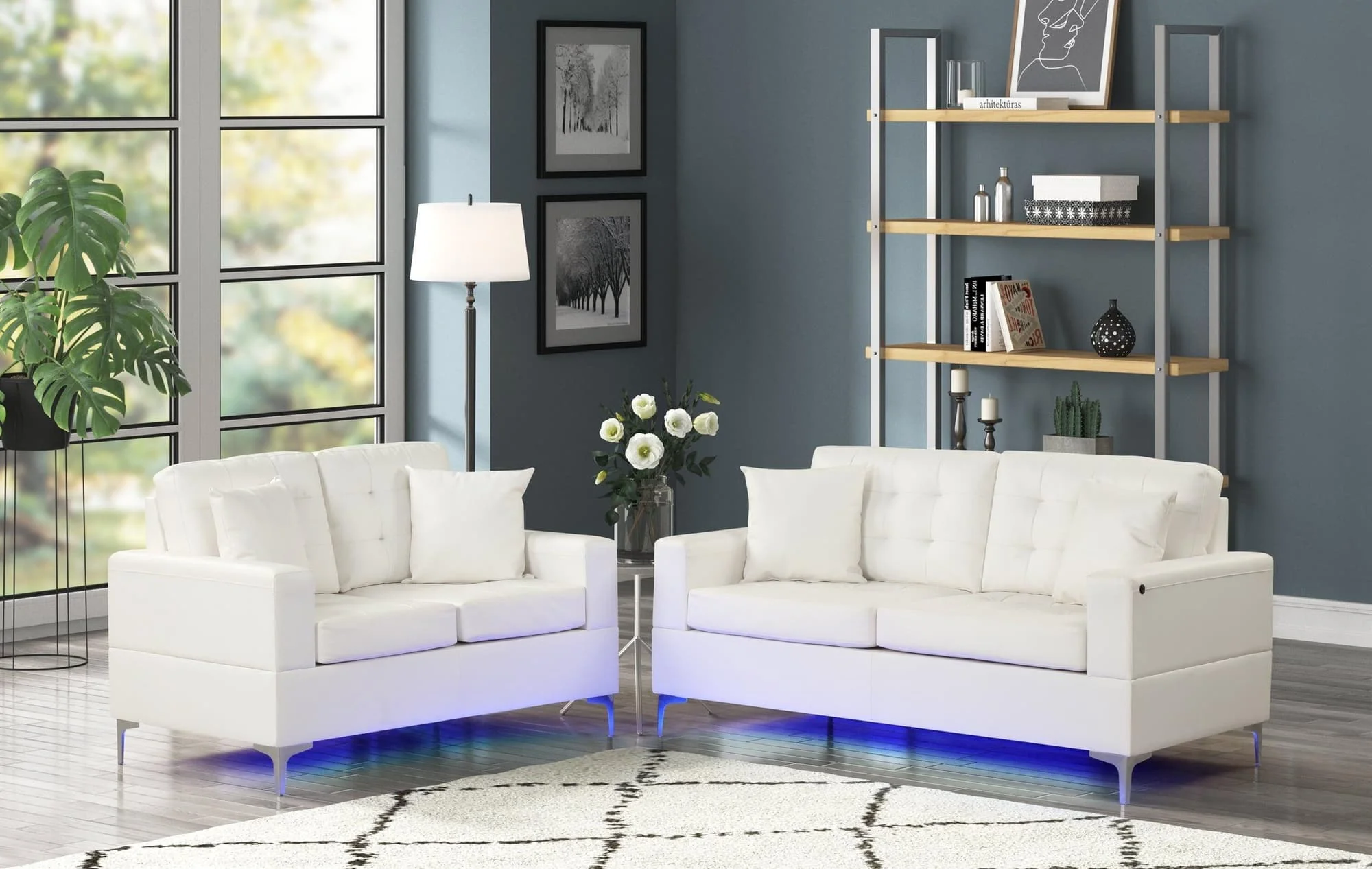 Miami White Faux Leather Tufted 2-Piece Living Room Set LED Lights - Image 1