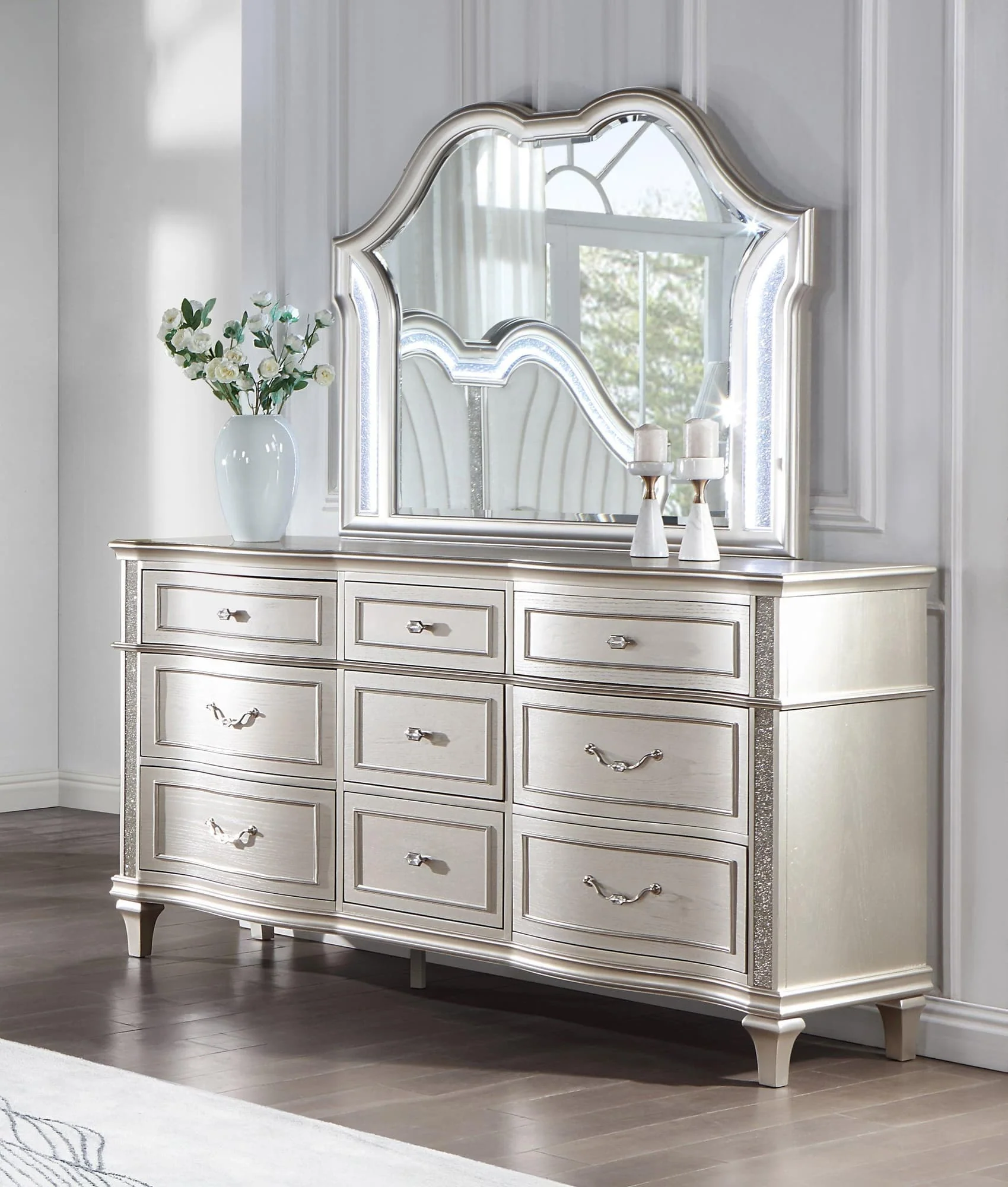 Evangeline Camel Top Dresser Mirror Silver Oak - Image 1