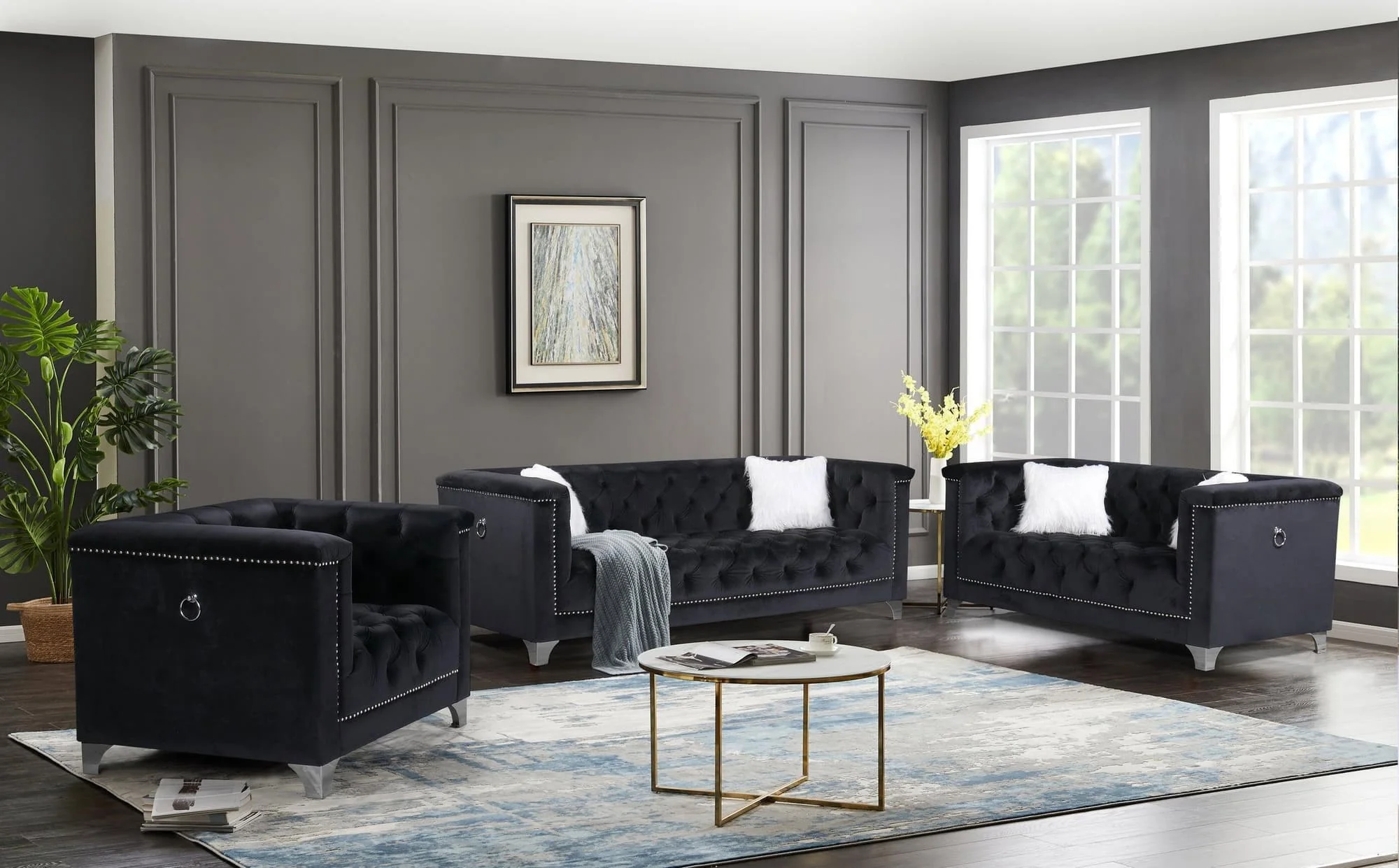 Prince Black Velvet Tufted 3-Piece Living Room Set - Image 1