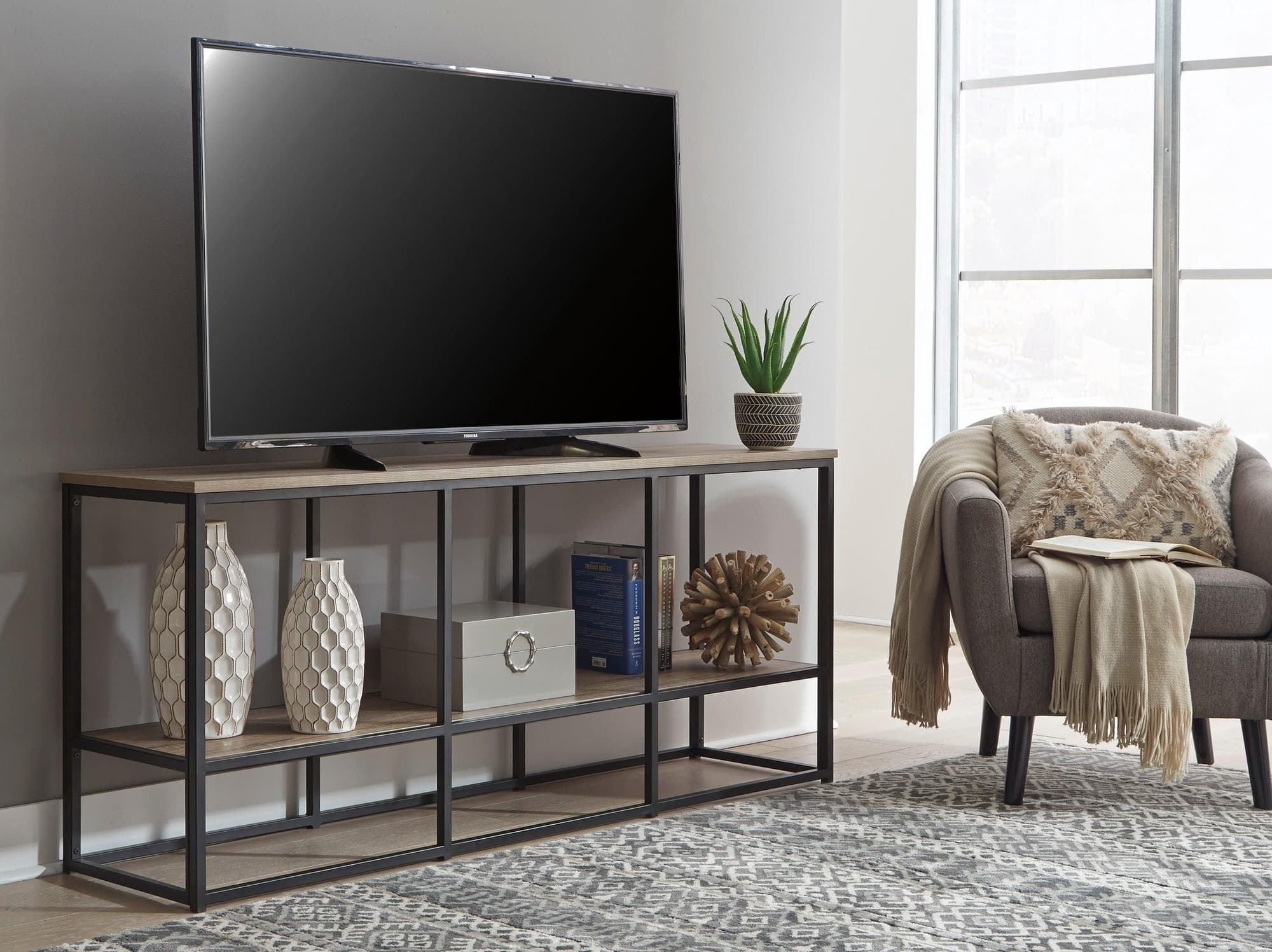 Wadeworth Black Brown Industrial TV Stand With Cabinet - Image 1