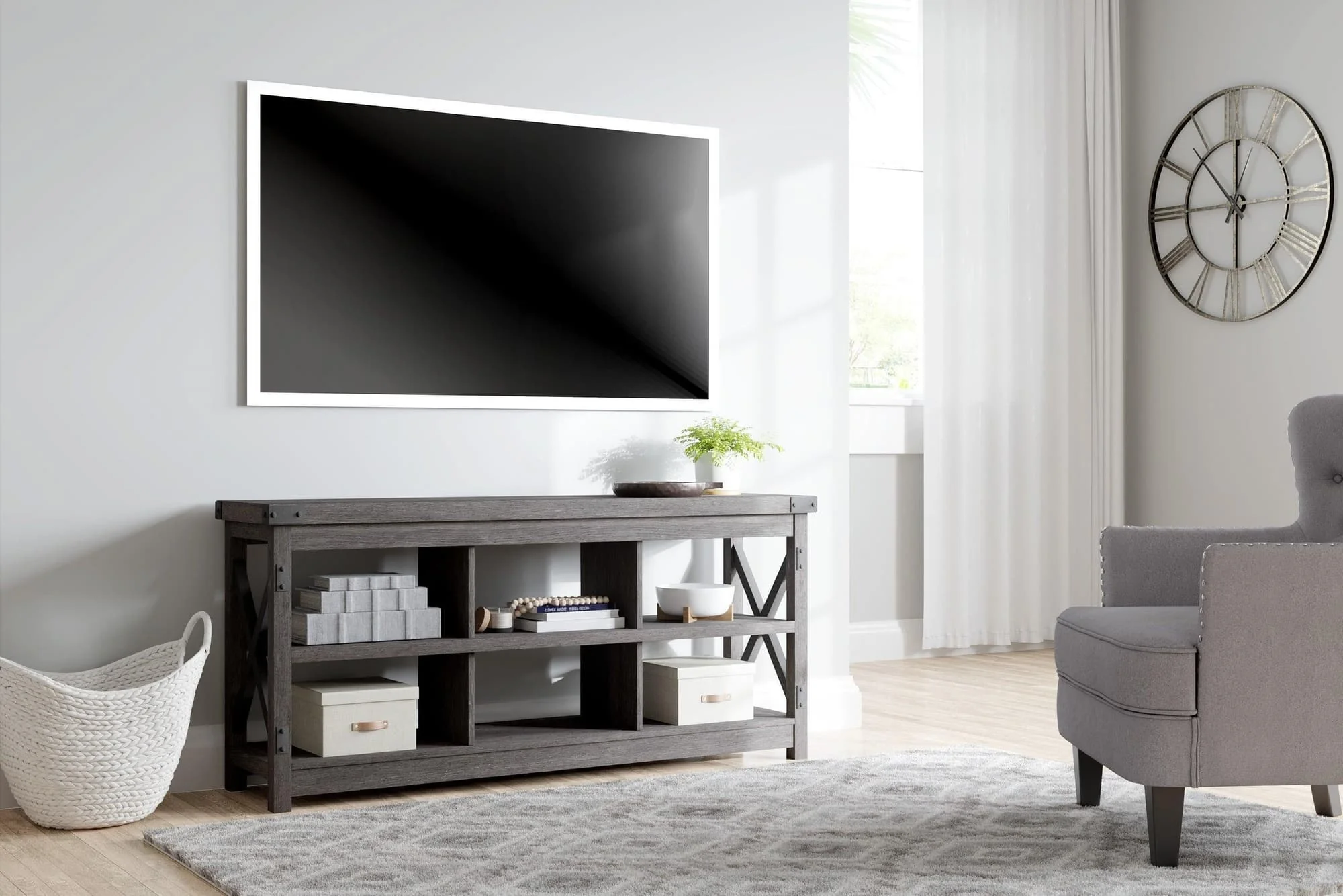 Freedan Large Grayish Brown TV Stand - Image 1