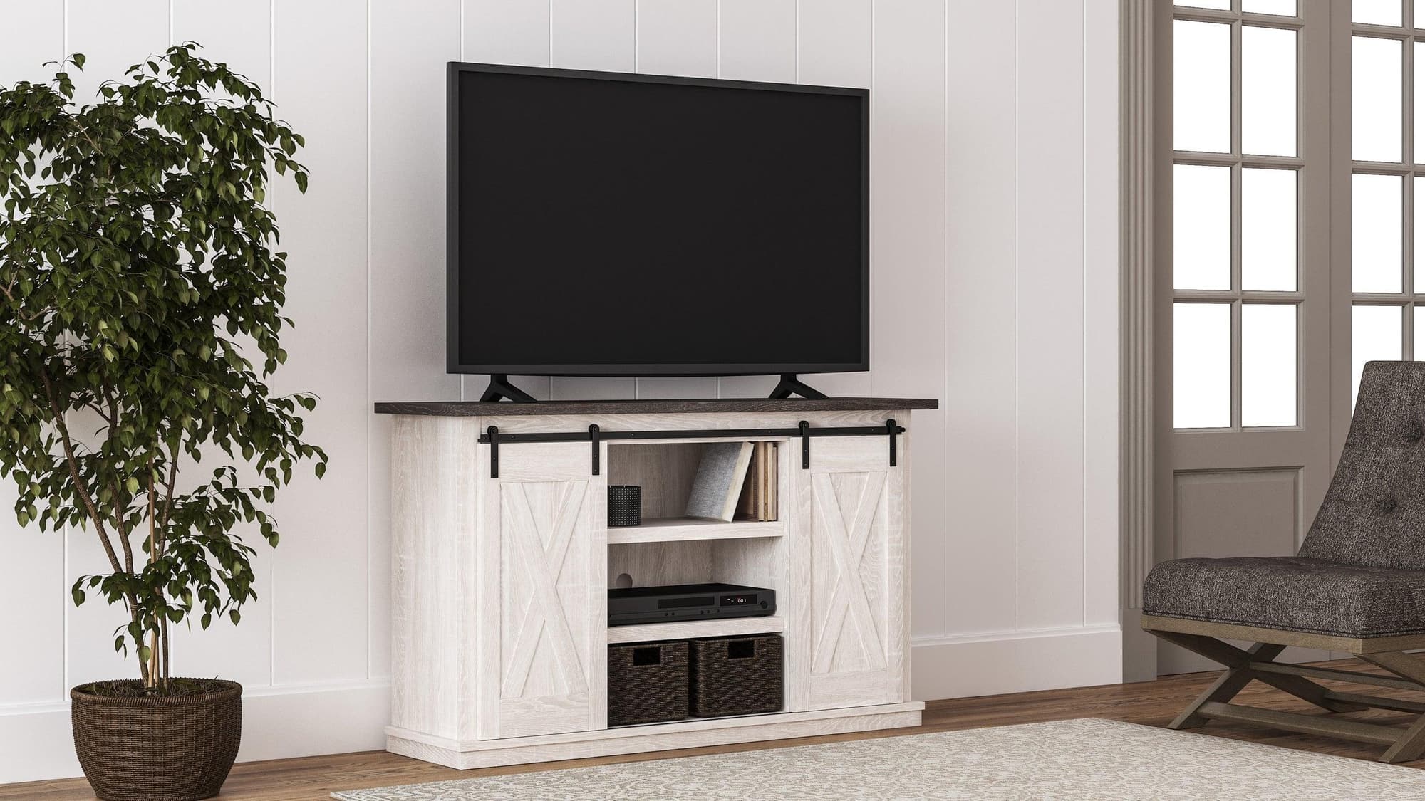 Dorrinson Antique White Two-toned TV Stand With Storage - Image 1