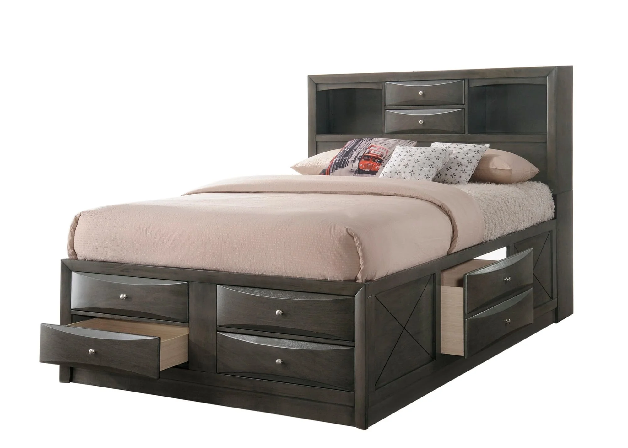Emily Gray Storage Bookcase Platform Queen Bed - Image 1