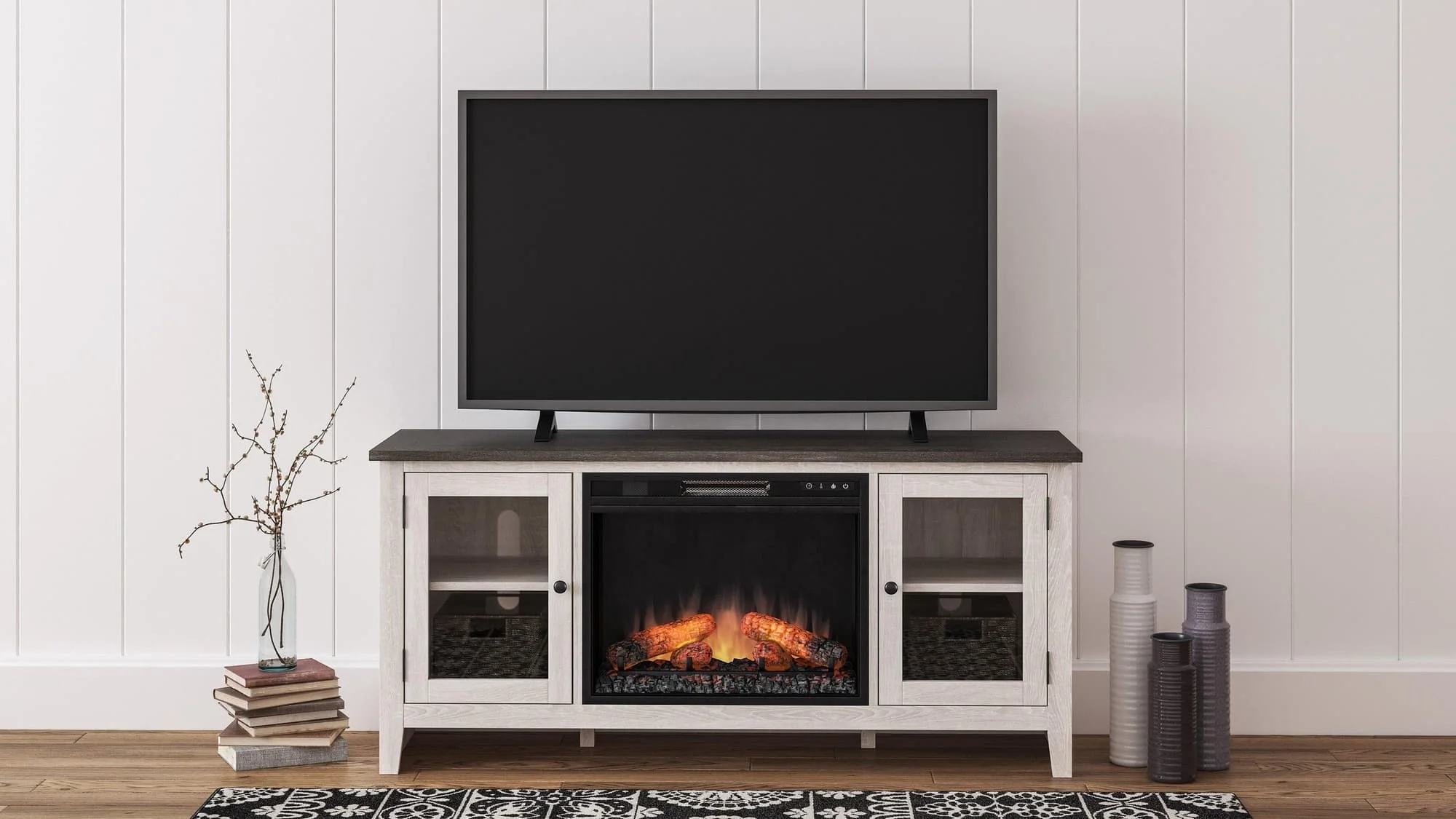 Dorrinson Antique White TV Stand With Storage With Glass Doors With Fireplace - Image 1
