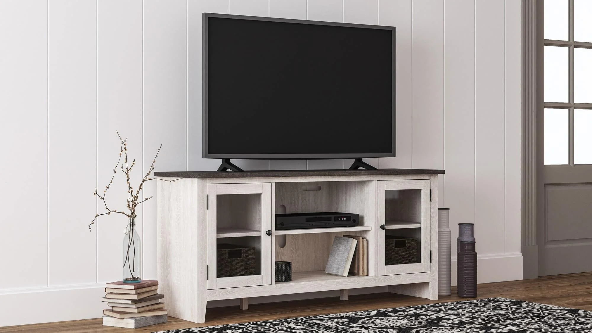 Dorrinson Antique White TV Stand With Storage With Glass Doors - Image 1
