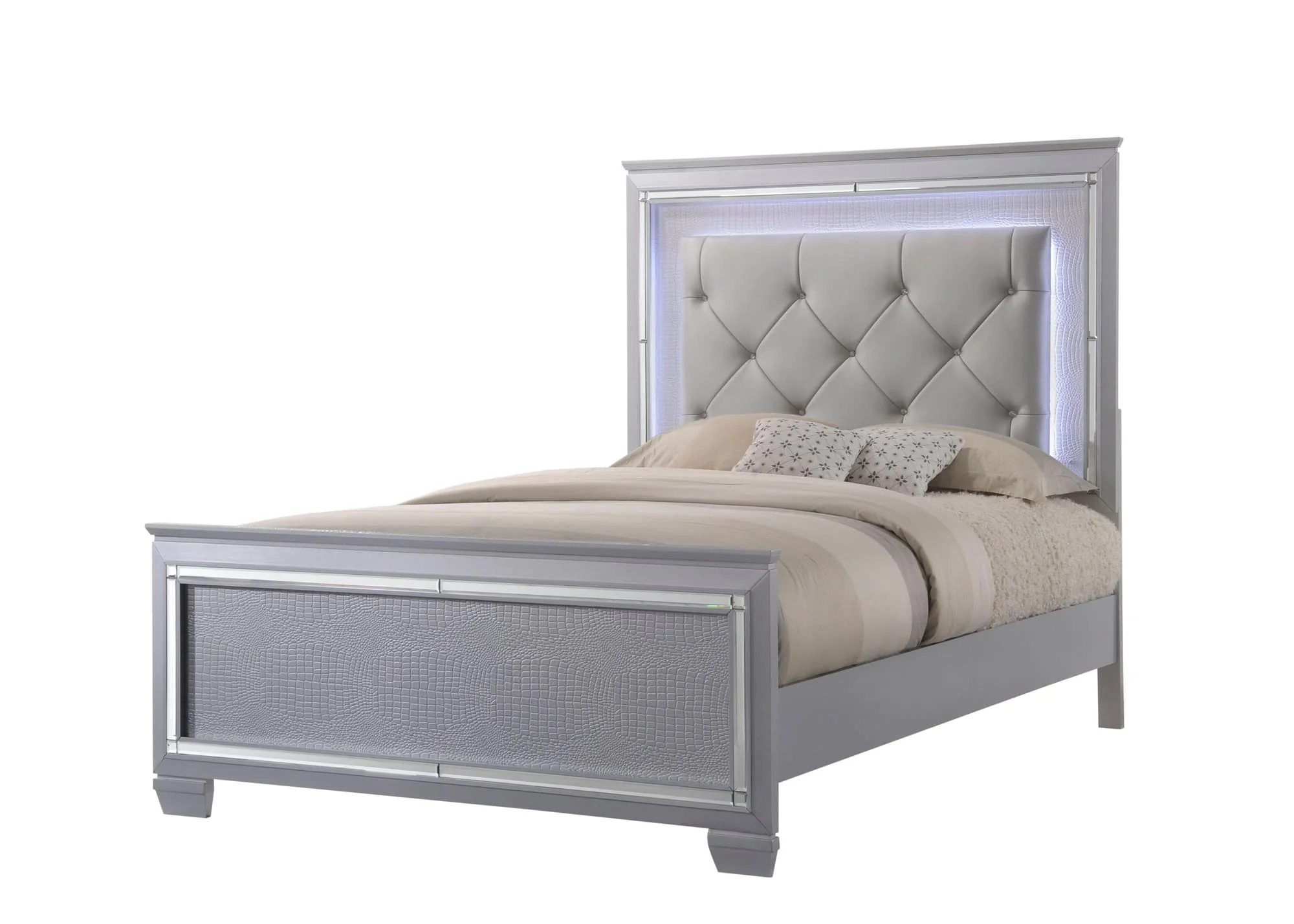 Lillian Silver LED Faux Leather Upholestered Tufted Panel Queen Bed - Image 1