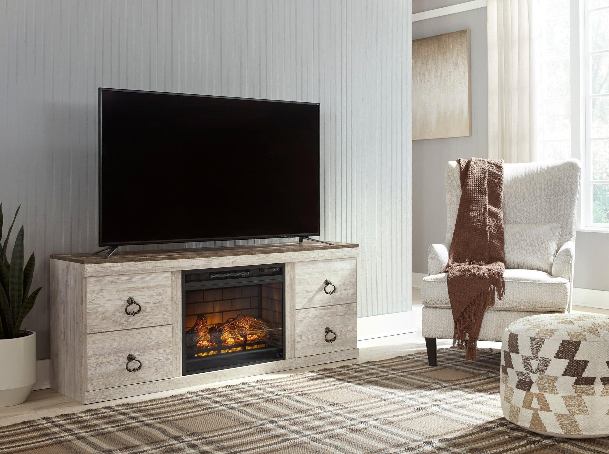 Willowton Whitewash TV Stand With Cabinet Storage With Fireplace - Image 1