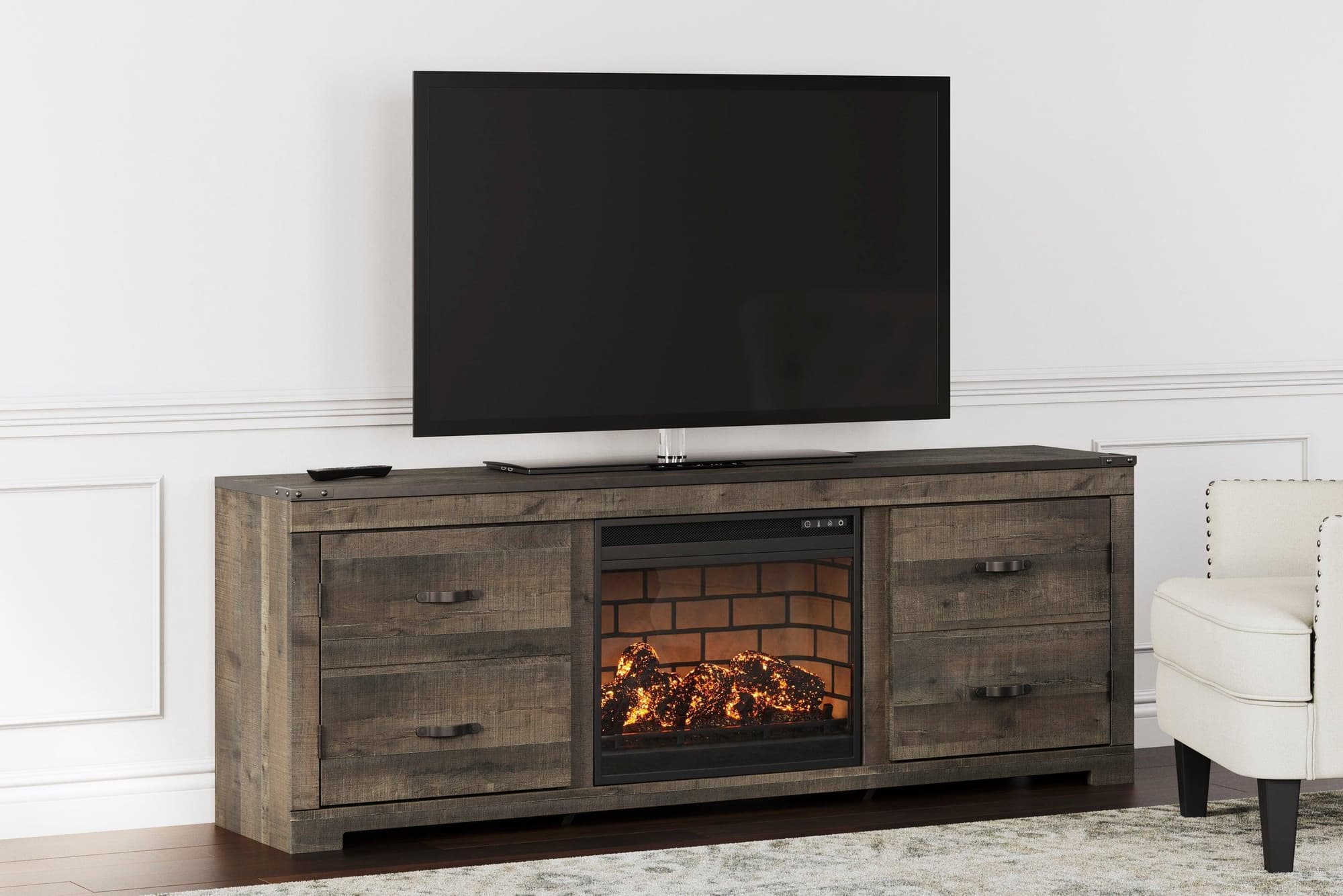 Trinell Large Brown Rustic TV Stand With Cabinet With Fireplace - Image 1