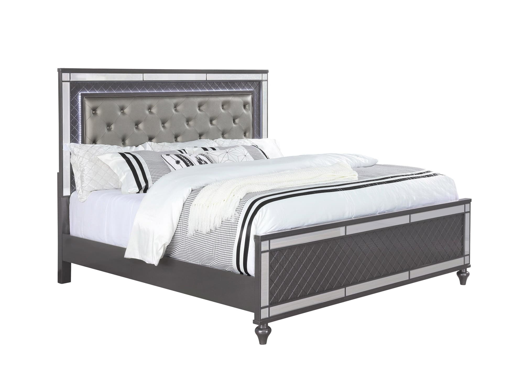 Refino Gray LED Faux Leather Upholstered Tufted Panel Queen Bed - Image 1