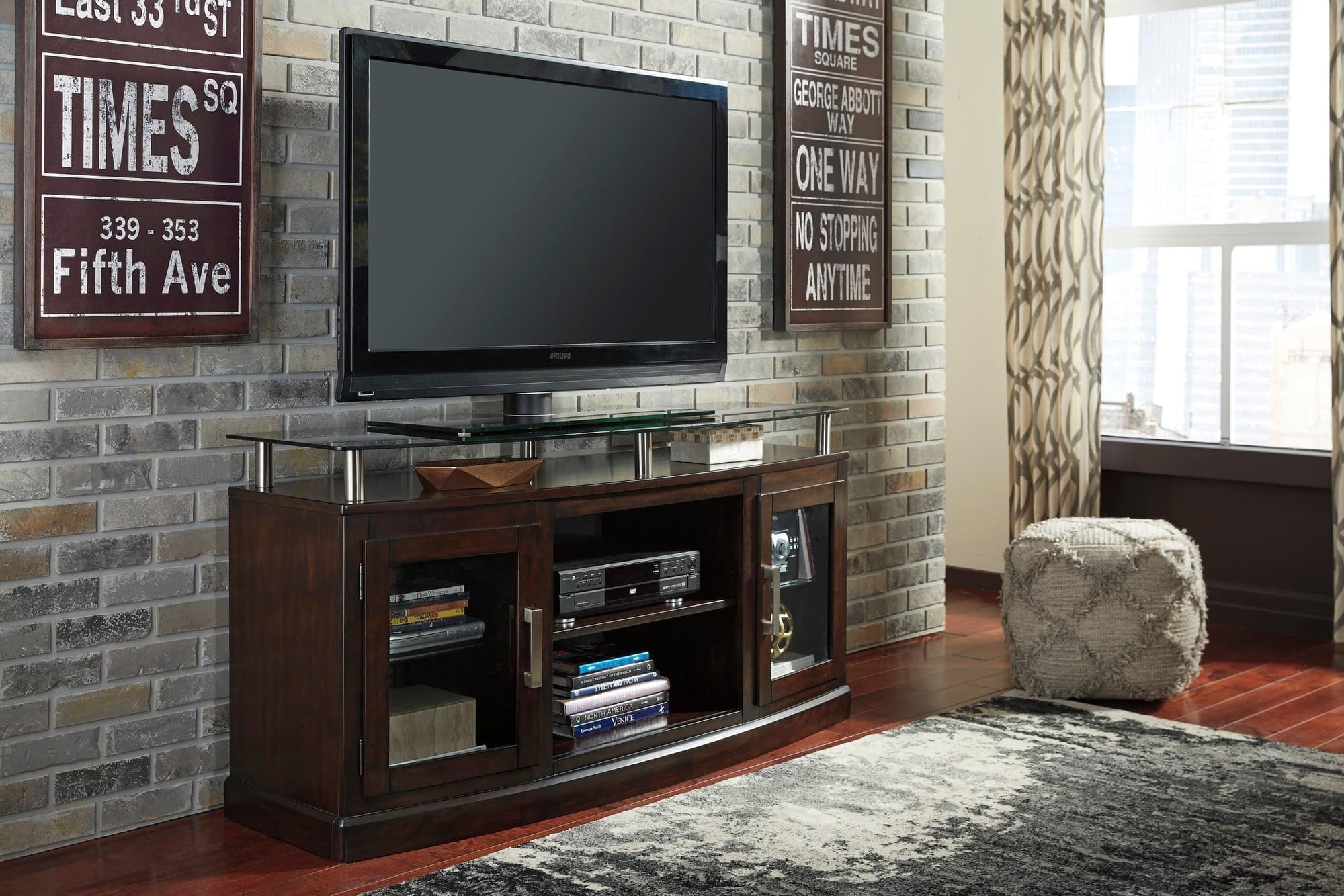 Chanceen Dark Brown Rustic TV Stand With Cabinet Glass Doors - Image 1