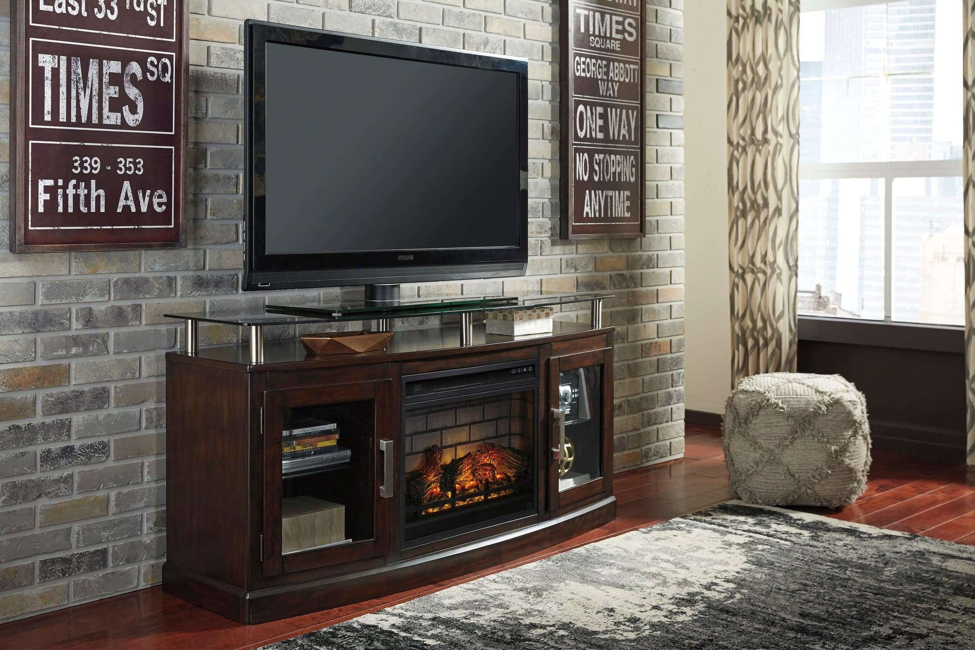 Chanceen Dark Brown Rustic TV Stand With Cabinet Glass Doors With Fireplace - Image 1
