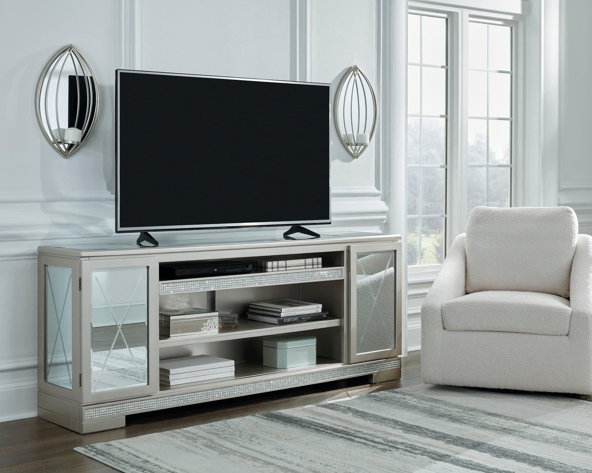 Flamory Silver Faux Crystal TV Stand With Cabinet Mirror Glass Doors - Image 1