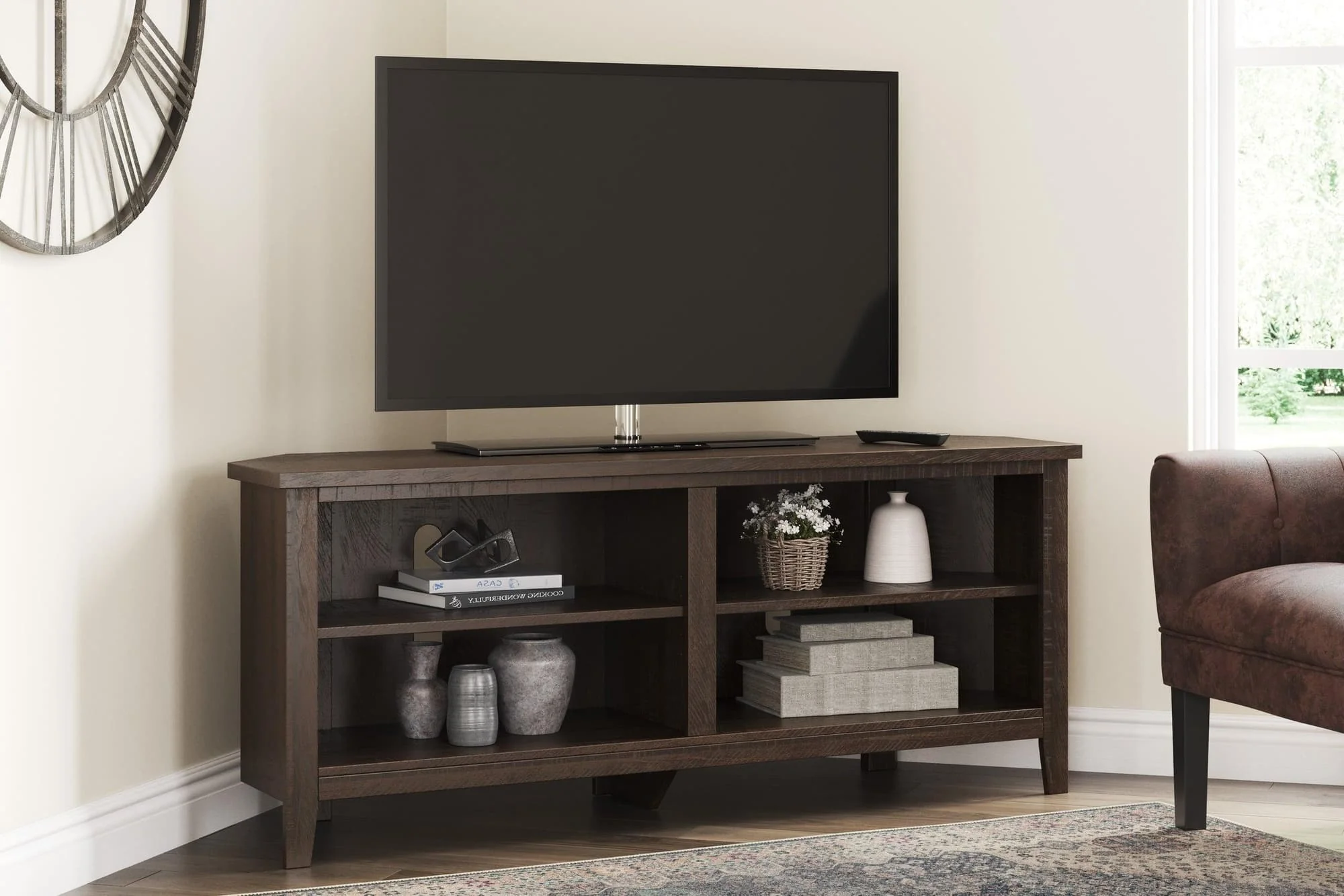 Camiburg Brown Corner TV Stand With Storage - Image 1