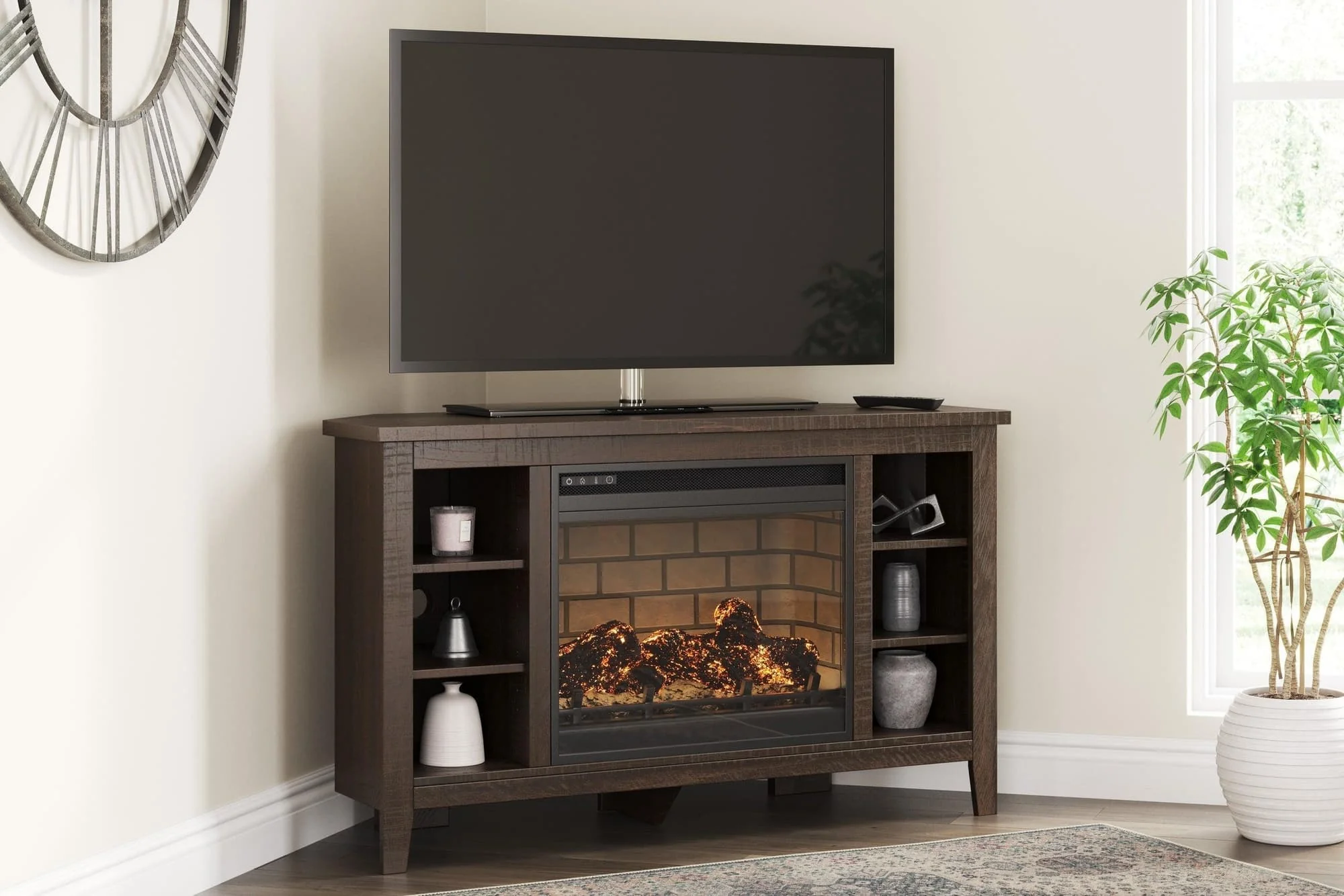 Camiburg Brown Corner TV Stand With Storage With Fireplace - Image 1