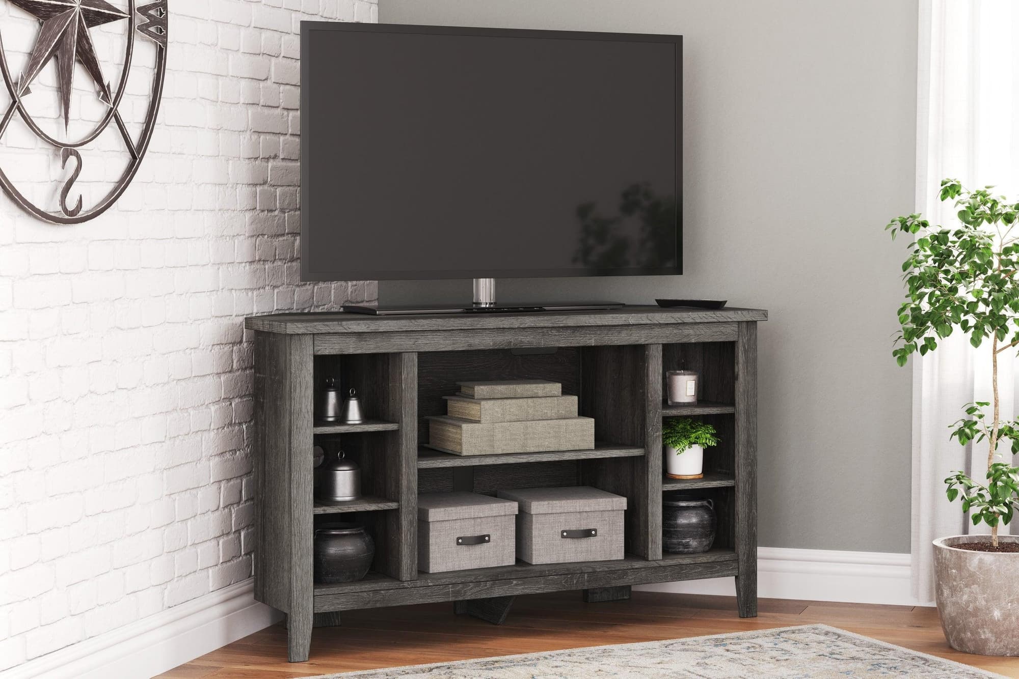 Arlenbry Large Gray Corner TV Stand with Cabinet - Image 1