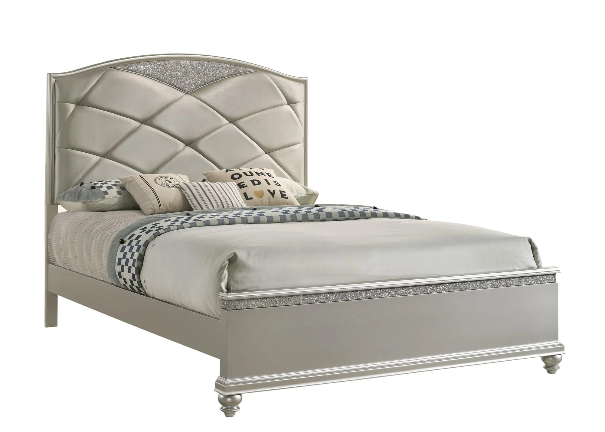 Valiant Champagne Silver Faux Leather Upholstered Panel Queen Bed - Image 1