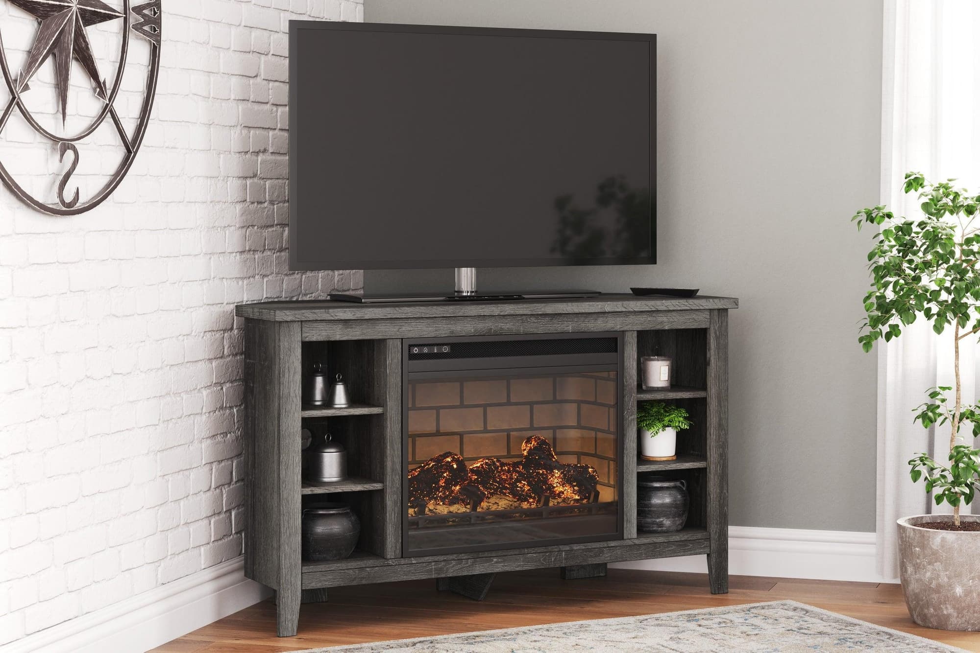 Arlenbry Large Gray Corner TV Stand with Cabinet With Fireplace - Image 1