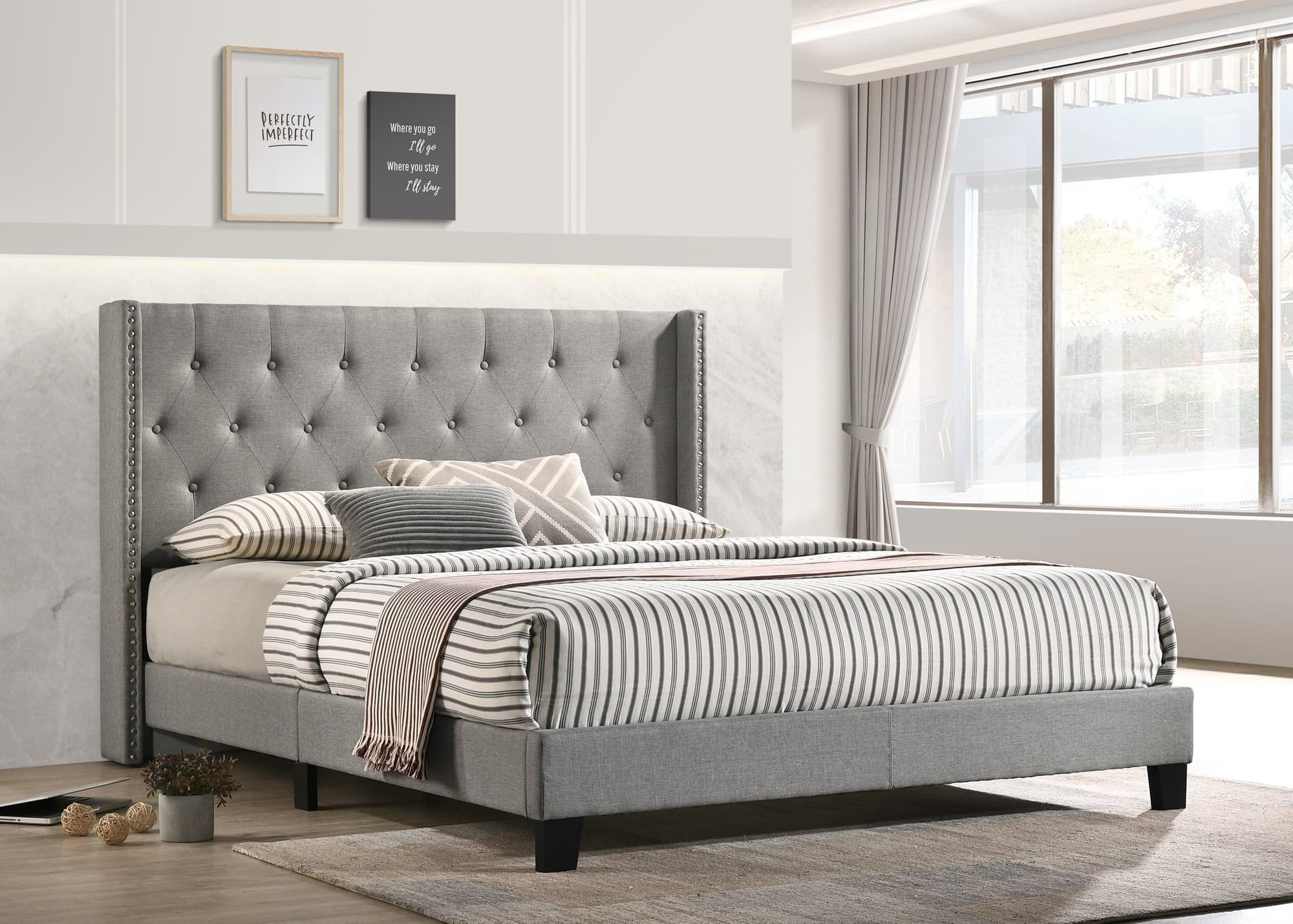 Elsy Gray Fabric Upholstered Tufted Platform King Bed - Image 1