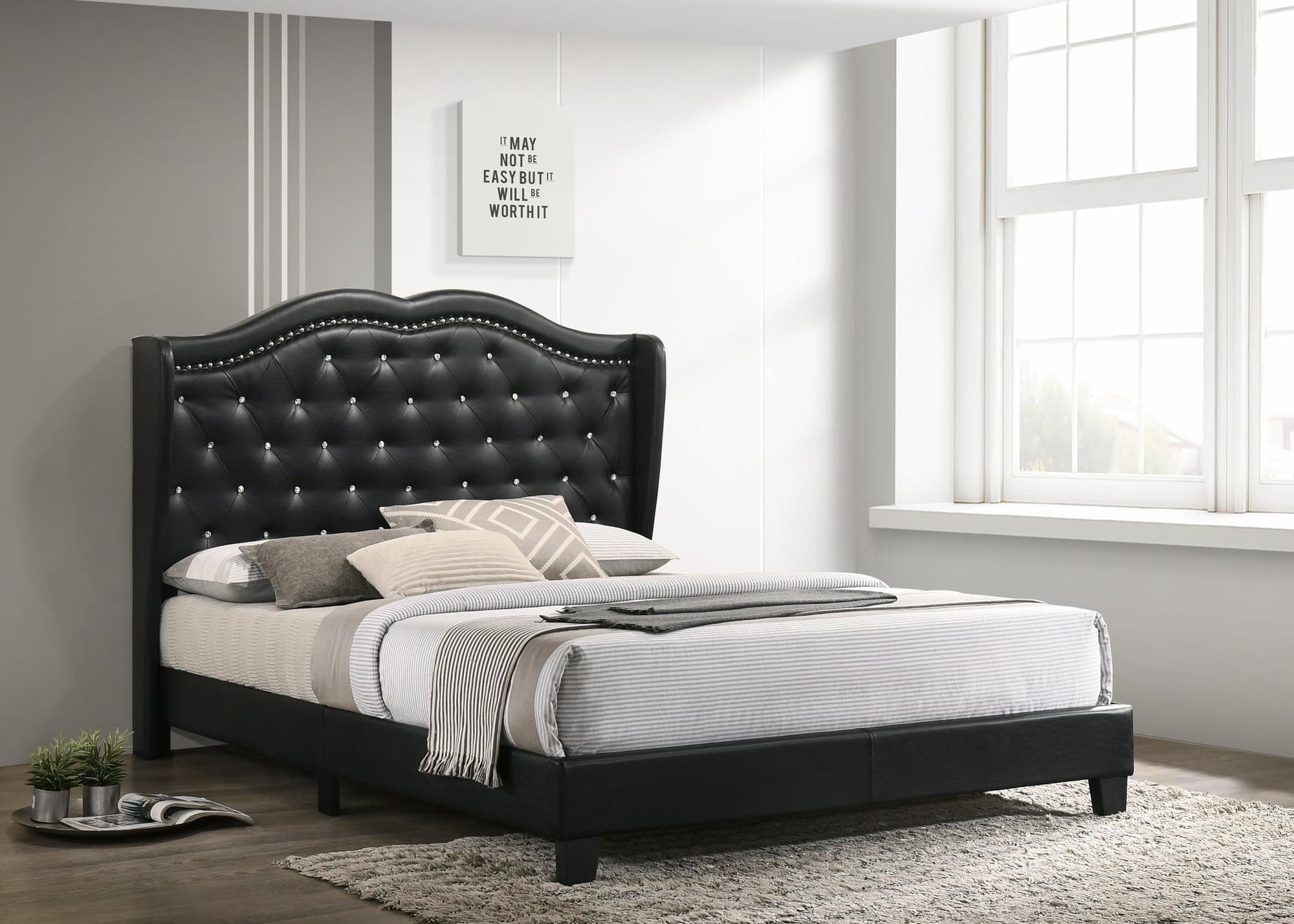 Paradise Black Faux Leather Upholstered Tufted Platform Queen Bed - Image 1