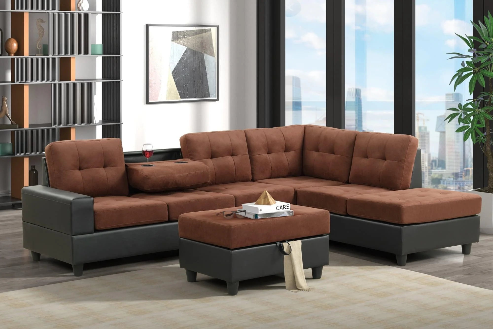 Pu6-heights Brown Velvet Tufted Reversible Sectional + Ottoman Set - Image 1