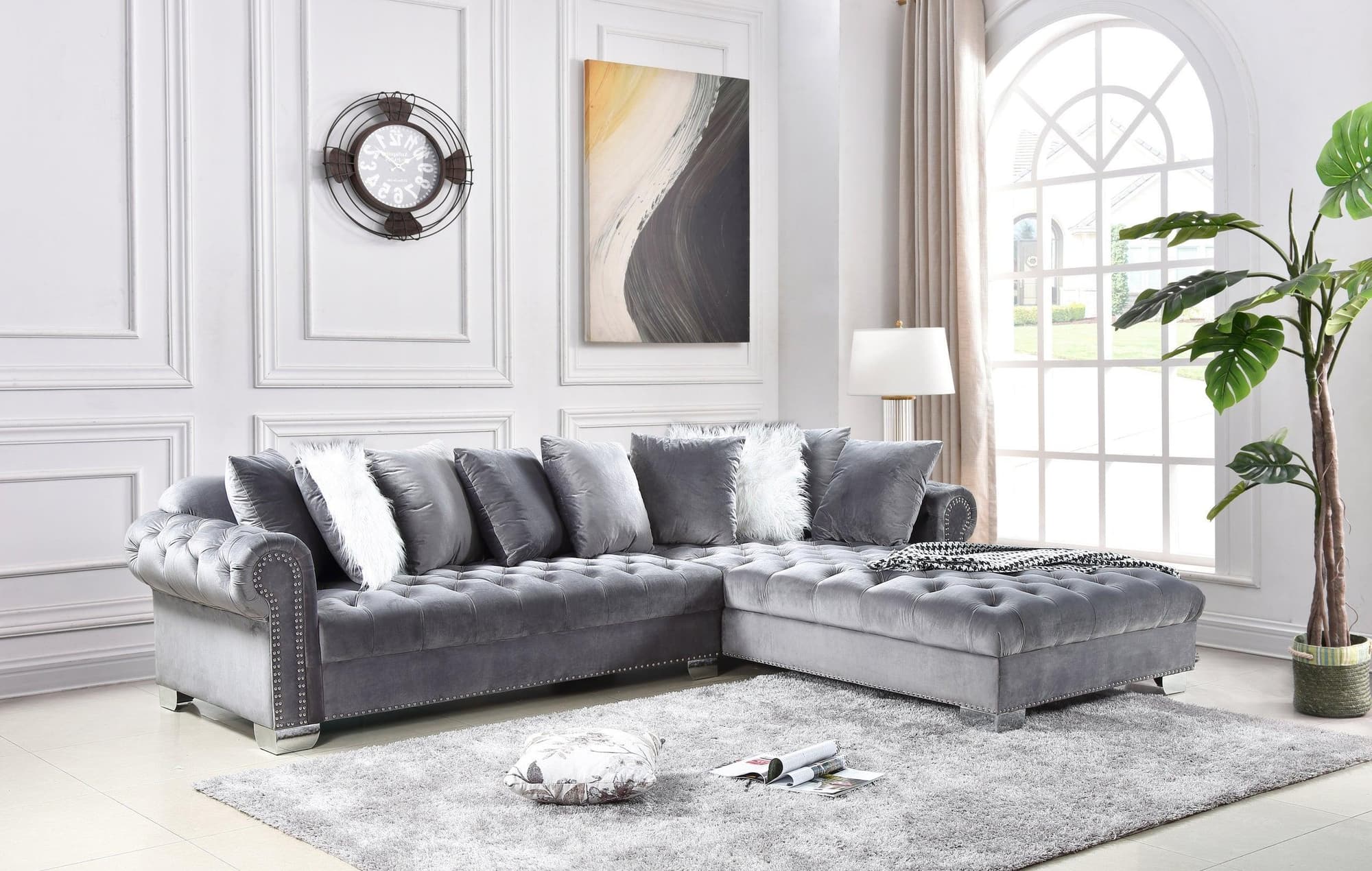 London Gray Legs Velvet Tufted Sectional Oversize - Image 1