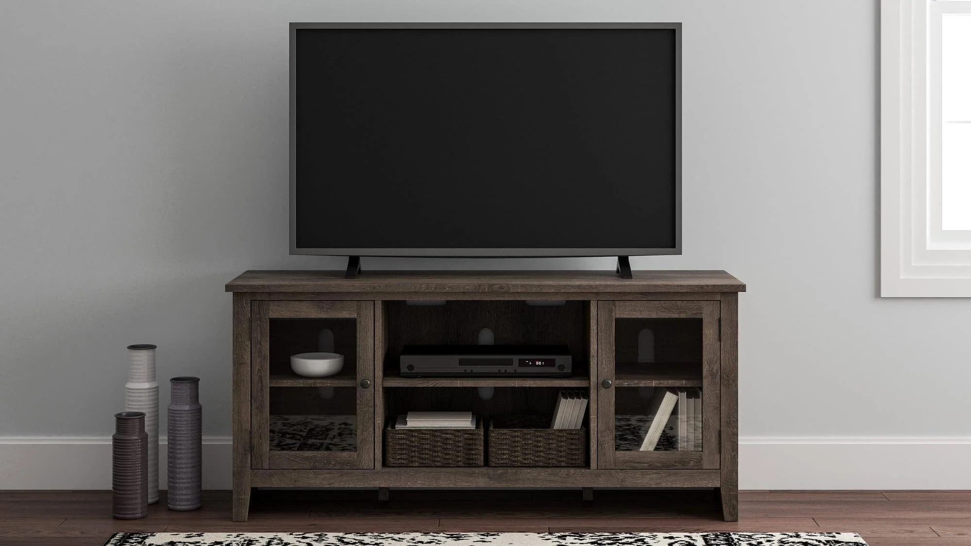 Arlenbry Gray TV Stand With Storage With Glass Doors - Image 1