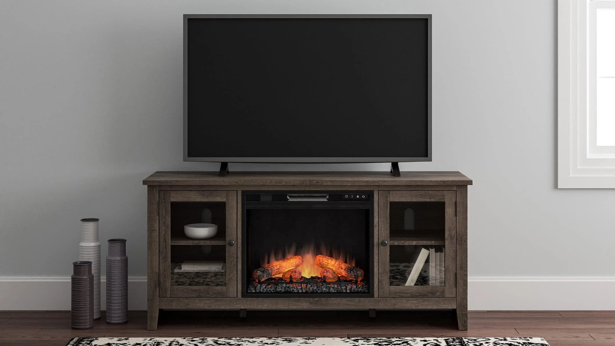 Arlenbry Gray TV Stand With Storage With Glass Doors With Fireplace - Image 1