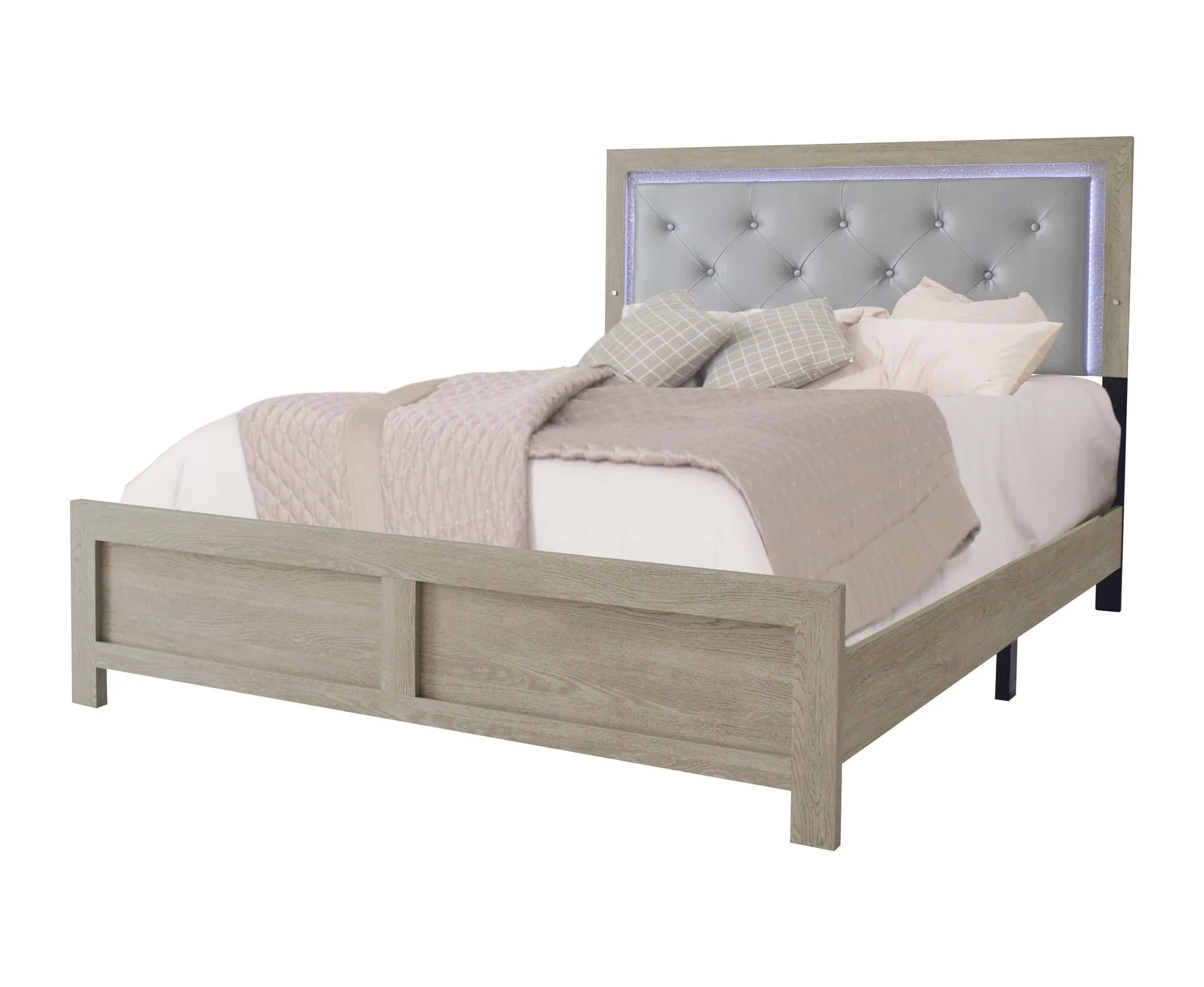 Jaylen Cream LED Faux Leather Upholstered Tufted Panel Queen Bed - Image 1